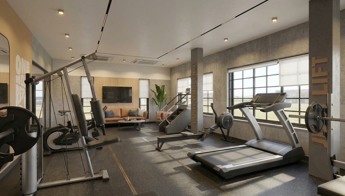 A professionally shot interior photograph of a modern boutique gym, preserving the exact layout, camera angle, and composition of the room. The original wooden ceiling is replaced by a clean, minimalist white-painted plaster ceiling, which beautifully incorporates the identical warm recessed spotlights and sleek black track lighting from the scene. On the far wood-paneled wall, replacing the framed posters, a sleek flat-screen television is now wall-mounted, its dark screen showing a faint, realistic reflection of the room's ambient light. Bright morning sunlight streams through the large multi-pane windows, casting soft-edged shadows and bright glare patterns across the textured black rubber flooring, which features realistic micro-textures and tiny specks of dust. The raw concrete pillars show a tactile, porous texture with natural imperfections and subtle curing lines. The metallic and plastic components of the treadmill, rowing machine, and weight lift racks exhibit physical material properties, with realistic specular highlights, faint scuffs, and natural reflections. Captured with a professional wide-angle lens, the image has a natural depth of field, gentle lens characteristics, and a trace of fine grain, conveying an authentic, unrendered photographic quality.