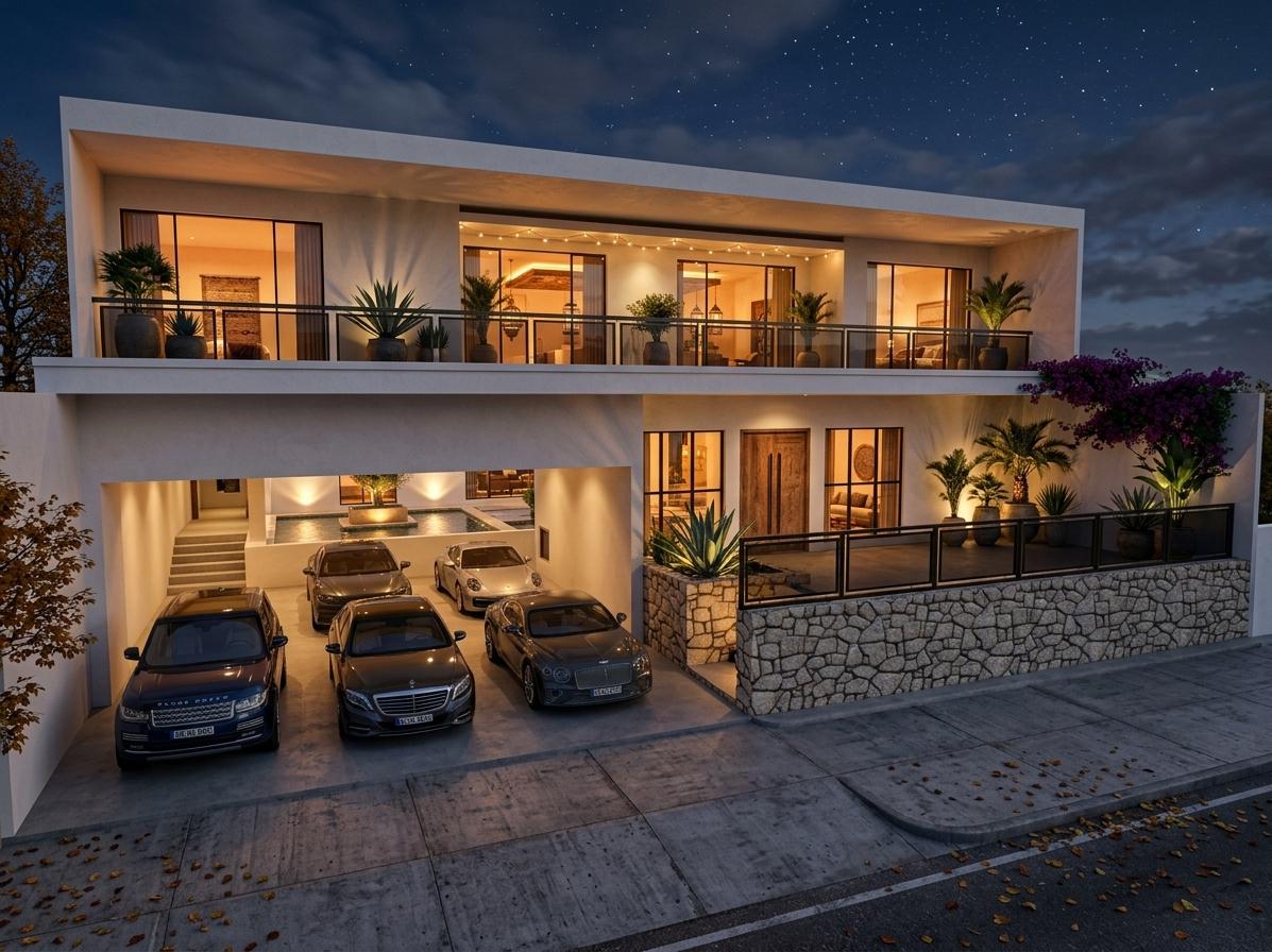 An incredibly lifelike, richly detailed, photorealistic exterior wide-angle shot of a luxury two-story modern villa embodying a Moroccan mystique aesthetic set in a quiet upscale residential enclave during a serene autumn night. The scene is illuminated by an array of warm, luxurious architectural spotlights, concealed LED uplights, and glowing amber interior-facing light fixtures, creating a deeply inviting, sophisticated, and high-end resort atmosphere. Captured with a professional medium-format camera and a 24mm tilt-shift lens, emphasizing the fine texture of the crisp white stucco, the rough-hewn modular stone-clad boundary wall, and the sleek reflections on the dark-tinted glass railings, the architectural design stands out with majestic elegance. This lavish home features a dramatic cantilevered second floor with a grand, expansive balcony bordered by minimalist black metal and tempered glass balustrades. In the wide, concrete-finished carport below, four premium luxury cars are parked gracefully, their polished bodywork catching the dramatic architectural highlights. Vibrant, meticulously pruned exotic plants in large, luxurious designer pots are nestled in every corner of the terraces and entryways, adding lush organic life to the clean, geometric structure. The grand wooden entrance doors are beautifully highlighted, contrasting against the rugged stone masonry near the front boundary. Above, a deep navy, early-morning sky is lightly brushed with soft autumn clouds and brilliant, twinkling stars, casting a atmospheric cool-toned backdrop that elevates the rich, golden-orange glow radiating from within the villa.