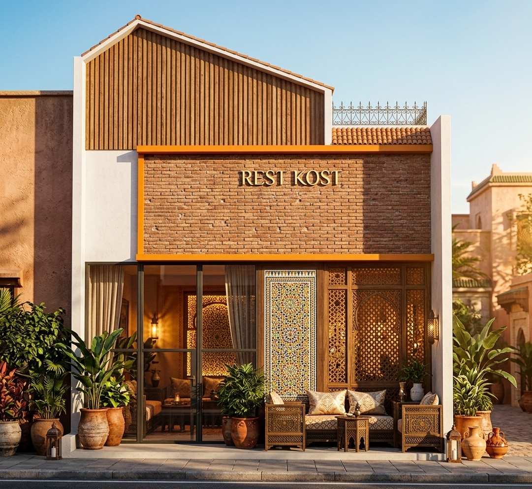 An incredibly lifelike, richly detailed, photorealistic architectural photo of a modern boutique guesthouse exterior with a Moroccan Mystique design, set in a vibrant, sun-drenched urban oasis. The scene is illuminated by the warm, low-angled golden rays of late afternoon sunlight, creating an exotic, sensual, and deeply inviting atmosphere. Captured with a professional medium-format camera, emphasizing the rich textures of handmade terracotta brick, polished deep-blue glazed tiles, and intricate wooden latticework. The facade's lower level showcases stunning geometric wall art where the dark and neutral panels are reimagined as ornate, colorful Zellij tiles in rich shades of deep cobalt blue, crimson red, and shimmering gold, flanked on the right by a hand-carved cedar wood Mashrabiya screen that filters the light into complex patterns. The upper level features a rustic wall of weathered red-clay bricks adorned with elegant, polished brass signage reading "REST KOST," highlighted by a vibrant, warm orange border that traces the asymmetrical sloped roofline above. At the building's base, lush leafy indoor plants in terracotta pots frame an inviting alcove featuring carved wooden and metal furniture with patterned silk cushions, while a warm interior glow shines through the screens, evoking the ultimate sense of Middle Eastern luxury and design sophistication fit for a high-end photography book.