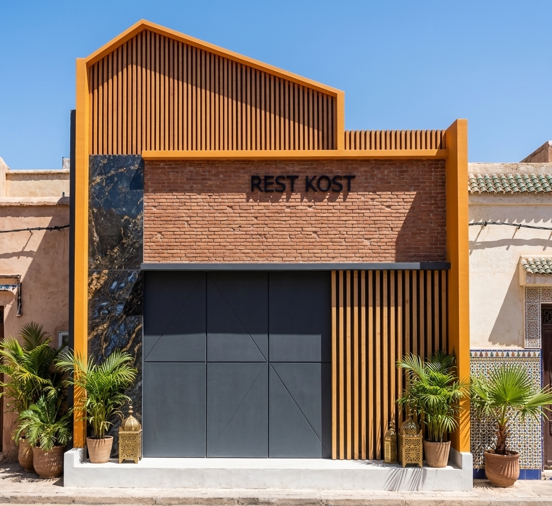 An incredibly lifelike, richly detailed, photorealistic front elevation architectural photo of a contemporary design workshop facade set in a sun-drenched, exotic Moroccan-inspired arts district. The scene is illuminated by intense, direct midday summer sunlight, casting crisp, geometric shadows that accentuate the building's bold lines and creating a warm, vibrant, and sensual atmosphere. Captured with a professional 35mm tilt-shift lens, emphasizing the rich, highly textured materials, the facade showcases a masterclass in modern Middle Eastern fusion. The upper asymmetric sloped roof is clad in a screen of warm, fine-grained wooden slats framed by painted accents of vibrant, glowing ochre-orange. Below, an earthy, rustic red brick band displays the "REST KOST" signage, contrasting beautifully with the left vertical column composed of polished dark granite infused with deep blue and gold veins. The ground-floor level is split between clean-cut, matte-charcoal geometric wall panels and a screen of vertical timber slats, grounded by a pristine white concrete foundation, while lush, green potted palms and hints of ornate carved metalwork flank the entrance, seamlessly blending modern geometric architecture with rich, bohemian Moroccan decor.