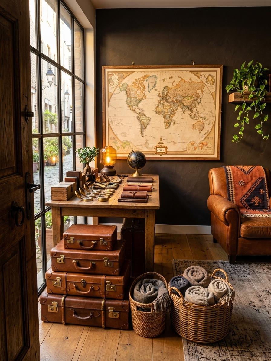 An incredibly lifelike, richly detailed, photorealistic wide-angle interior shot of a beautifully curated "Travelers Trove" hostel living room lounge set in a historic guesthouse. The scene is illuminated by warm, late-afternoon golden-hour sunlight pouring through a large black-framed steel window, creating a cozy, nostalgic, and adventurous atmosphere. Captured with a professional 35mm lens, emphasizing the rich textures of reclaimed oak wood, the aged patina of cognac leather, raw brickwork, and soft tactile wool.

The reimagined space elevates the original, cluttered entryway into an organized, enchanting sanctuary for explorers. In place of the cramped black desk, a solid rustic oak console table stands against a warm, textured plaster wall. Atop the table, instead of disarray, sits a neatly arranged collection of brass compasses, leather-bound travel journals, a glowing vintage amber glass lamp, and a minimalist black-and-gold globe. Above the console, a massive hand-framed vintage world map serves as a stunning focal point, subtly accented by delicate brass pins marking coordinates around the globe.

To the right, where the white door once stood, is a heavy, rustic timber door with cast-iron hardware, adding a historic, grounded character to the entry. The messy pile of bags and plastic bins has been replaced by a beautiful, dedicated storage corner featuring stacked vintage leather suitcases and a hand-woven rattan basket overflowing with plush rolled throws and cozy linen scarves.

Adjacent to the window, the small, fragile stand is replaced by a comfortable, deep-seated armchair in aged tan leather, draped with a hand-woven Turkish kilim blanket. Rich green Pothos plant vines cascade elegantly from a floating reclaimed wooden shelf above, bringing vibrant life to the corner. The floor is lined with clean, wide-plank oak floorboards, partially covered by a vintage distressed area rug in terracotta and deep indigo tones that anchor the room. 

Through the clear, grime-free glass of the industrial-style window, the soft outdoor view reveals a charming, narrow cobblestone European alleyway lined with potted greenery and soft, glowing street lamps just starting to flicker on for the evening. The overall composition balances a feeling of welcoming, casual intimacy—the classic "hostel closeness" where travelers share stories—with high-end, thoughtful craftsmanship and spatial harmony, inviting anyone who steps inside to dream of their next journey.