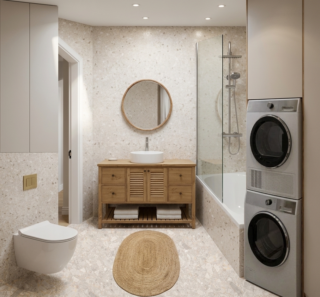 A beautifully lit, high-end interior photograph of a modern bathroom during a bright spring midday, capturing the scene with absolute fidelity to its layout and elements. Crisp, natural daylight floods the space, casting soft, realistic shadows and highlighting the intricate textures of the materials. The vanity features detailed, tactile wood grain on its doors and drawers, with a smooth, matte white ceramic vessel sink sitting on top. The round mirror above has a clean, natural wood frame, reflecting the soft, ambient light of the room. Realistic texture is visible on the braided fibers of the oval jute rug on the floor and the rolled white towels on the vanity's lower shelf. The terrazzo tiles on the walls and floor show delicate, polished stone aggregates that catch the light with subtle, realistic specularity. The glass shower screen exhibits faint, natural refractions, while the chrome shower fixtures and sink faucet gleam with soft reflections. A stacked silver washer and dryer on the right are rendered with realistic metallic finishes and dark glass doors, and the wall-hung toilet on the left has a clean, glossy ceramic surface. The scene is shot with a professional architectural lens, featuring gentle depth of field, subtle contrast, and a clean, airy spring atmosphere.