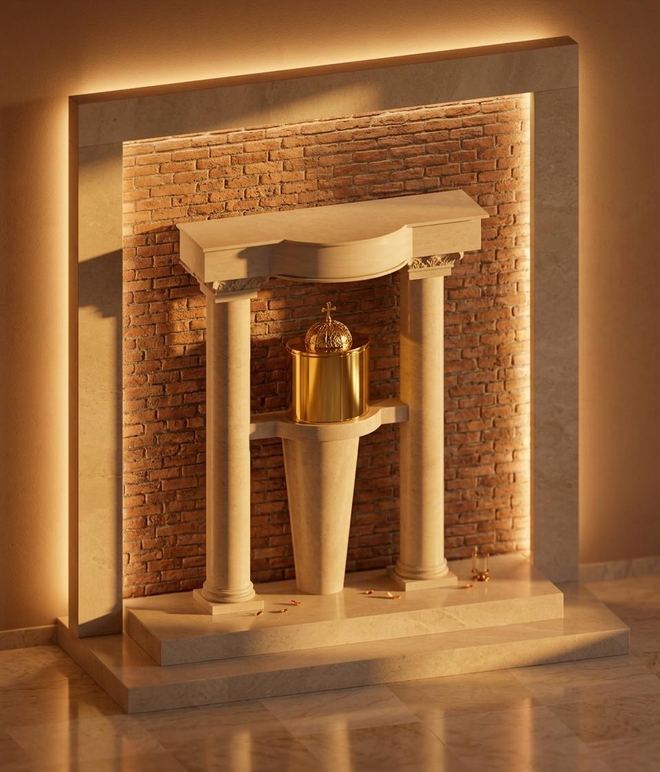 An incredibly lifelike, richly detailed, photorealistic medium-upward perspective architectural photo of a sacred modern-classical tabernacle shrine set in an exhibition space infused with a serene Moroccan mystique. The scene is illuminated by the deep, warm amber hues of a low-angled sunset filtering through an unseen opening, beautifully complemented by soft, concealed indirect LED strip lighting that washes gloriously up the rear wall, creating a highly contemplative, evocative, and mystical atmosphere. Captured with a professional 50mm tilt-shift lens, emphasizing the rich tactile contrasts between smooth metals and rough masonry, the composition centers on a majestic cylindrical tabernacle rendered in highly polished, reflective gold that gleams under the light and is crowned by a delicate golden dome and cross. This exquisite tabernacle rests securely on a tapered light-stone pedestal, framed symmetrically by two classical columns crafted from smooth, honed light beige stone with intricately carved capitals. Behind this sacred centerpiece, the back wall features rustic, exposed terracotta-colored bricks that offer a rich, earthy texture, while the entire structure rises from a tiered platform onto a floor made of large, polished light beige marble tiles, which softly mirror the golden glow, long casting shadows, and warm architectural lighting of the sanctuary.