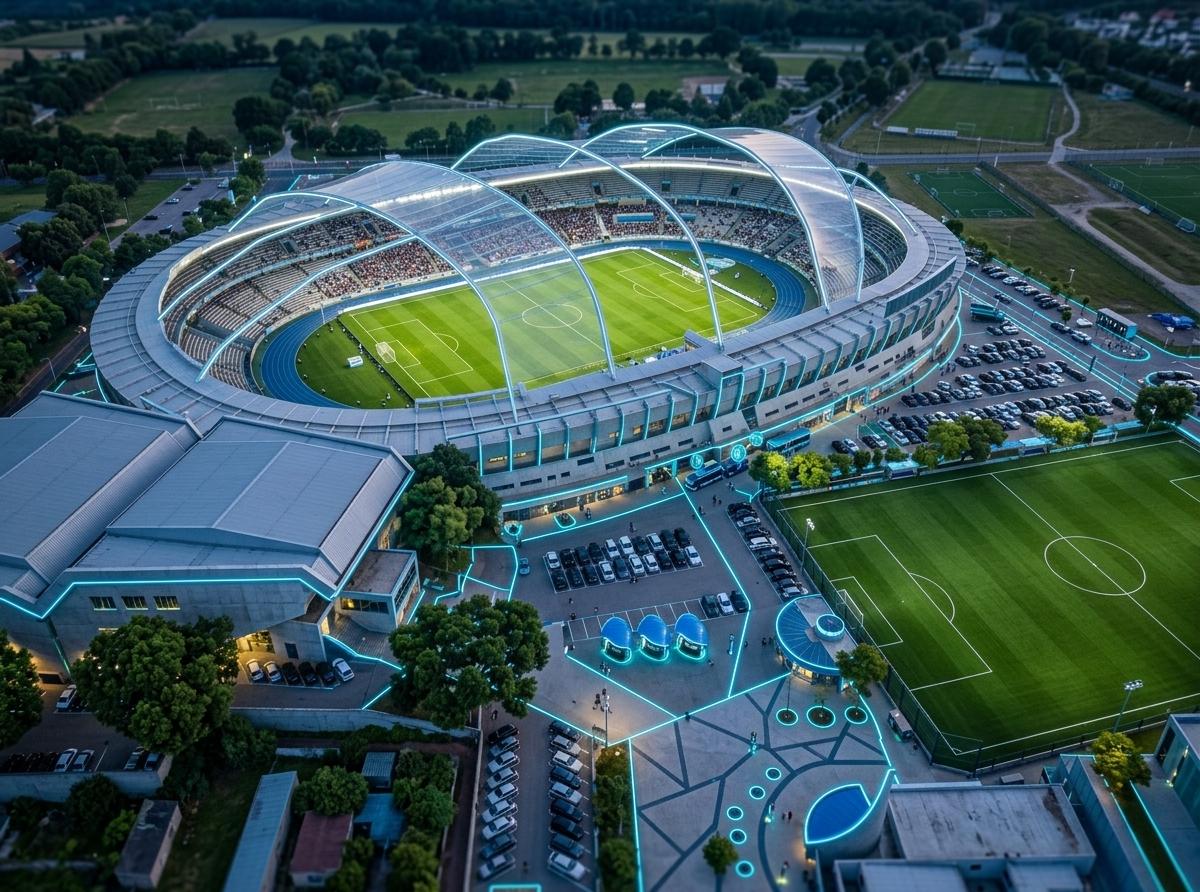 An incredibly lifelike, richly detailed, photorealistic wide-angle aerial architectural photo of a state-of-the-art sports stadium complex set in a vibrant techno wonderland. The scene is illuminated by a wash of ambient twilight and glowing neon-blue linear accents tracing the plazas, creating a high-energy, immersive gaming-room atmosphere. Captured with a 24mm tilt-shift lens, emphasizing the crisp geometric patterns of the plaza paving, the lush green synthetic turf of the fields, and the clean, modern concrete lines of the surrounding facilities. Emphasizing a revolutionary structural design, the main oval stadium features a sleek, lightweight "cobertura móvel transparente"—a completely transparent movable roof system that arches gracefully over the pitch, engineered entirely without bulky traditional floodlights to maintain an ultra-clean silhouette. In the foreground, a prominent angular multi-purpose pavilion stands alongside a secondary open-air practice pitch, while a neatly organized parking bay filled with vehicles and futuristic, glowing, blue-sheltered digital kiosks animates the lively central plaza, blending high-tech athleticism with a cutting-edge electronic entertainment aesthetic.