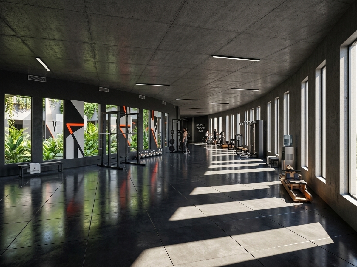 An incredibly lifelike, richly detailed, photorealistic wide-angle interior shot of a modern-fusion fitness gym set in a curved, open-concept urban loft. The scene is illuminated by harsh, direct afternoon sunlight streaming through a rhythmic series of tall, narrow vertical windows, creating a dynamic, high-contrast, and energizing atmosphere. Captured with a Hasselblad H6D-100c with a 24mm wide-angle x-format lens, emphasizing the polished floor's gloss, raw concrete textures, and the sleek modern equipment. The expansive, curved space seamlessly blends industrial-inspired architecture with contemporary wellness design. On the right, the deep-set vertical windows project sharp, geometric ribbons of daylight across a dark, polished concrete tiled floor, its highly reflective surface mirroring the bright external light. On the left, the dark charcoal-toned curved wall is accented by large glass viewports displaying a courtyard of lush, vibrant greenery, punctuated internally by striking, minimalist abstract wall art in stark black, clean white, and vibrant accents of neon orange. Premium, modular fitness equipment—including sleek, matte-black steel racks, polished metallic free weights, and minimalist wooden rowing machines—is organized with precise, clean geometric layout to preserve the open, uncluttered flow. The ceiling is a massive, smooth slab of raw, dark-grey textured concrete, completing a sophisticated wellness sanctuary that balances hard, modern-industrial edges with refined, organic luxury.