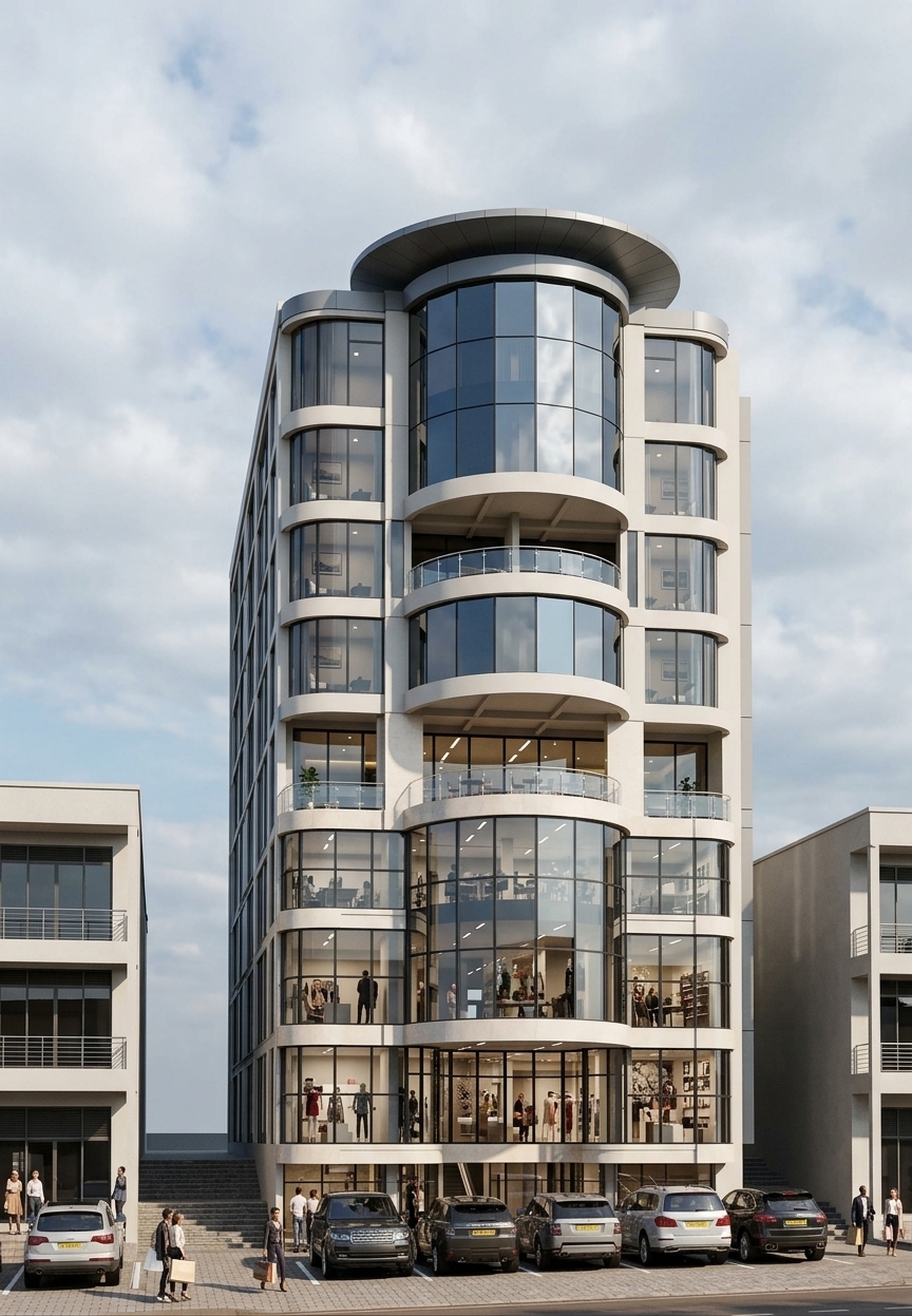 An incredibly lifelike, richly detailed, photorealistic front elevation view of the Kisementi Mixed-Use Tower set in the dynamic urban streetscape of Bukoto Street, Kampala. The scene is illuminated by the crisp, high equatorial sun of an 11:00 am midday, filtering through soft, scattered clouds to cast clean, vertical shadows, creating a vibrant, realistic, and premium daytime atmosphere. Captured with a professional 24mm tilt-shift architectural lens, emphasizing the sharp reflections of the sky on the curved mirror glass curtain wall and the smooth, matte textures of the soft off-white structure, this composition showcases a striking modern development. The nine-storey tower rises seamlessly between two authentic three-storey Kisementi commercial buildings, separated from them only by a minute 300-millimetre hairline construction gap that reads as a sharp vertical shadow joint, forming a dense, continuous wall-to-wall street frontage. The tower’s lower four floors compose a flat, double-height retail podium packed with activity; through the massive glass windows, luxury boutiques and a fourth-floor modern cafe are brightly activated with cool, neutral daylight interior illumination (5000K-6000K), showcasing shoppers, mannequins, and lifestyle displays. From the fifth to eighth floors, the building swells into a continuous curved convex curtain wall of high-reflectivity dark mirror glass reflecting the pale blue, slightly cloudy sky, interrupted only by the projecting open-air terraces of the fifth-floor lounge and seventh-floor hotel restaurant. These terraces, alongside the ninth-floor penthouse terrace, are secured with matching frameless clear glass and brushed stainless steel handrail balustrades. At the top, a prominent, unlit circular drum crown clad in smooth, cool grey Alucobond composite panels stands cleanly against the daytime sky. At ground level, the shared-surface stone paved forecourt is packed with luxury SUVs parked in uniform perpendicular bays directly facing the polished stone cladding of the active lobby and retail base, with stylish pedestrians carrying shopping bags amidst a bustling, upscale Kampala midday scene.