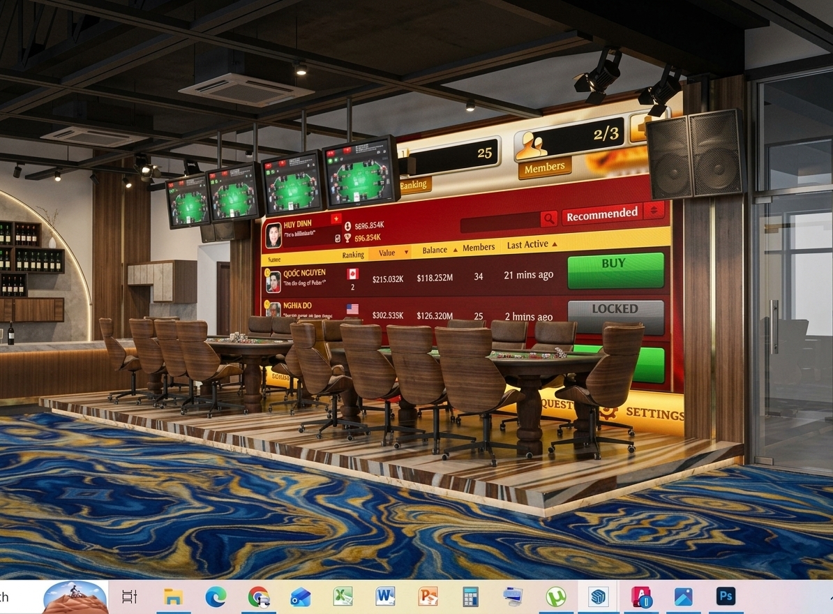 A professional architectural photograph of a high-end gaming lounge, taken with a wide-angle lens to capture the exact composition, layout, and geometry of the scene. The space is illuminated by a realistic interplay of warm overhead spotlights suspended from the dark industrial ceiling grid and the vibrant, self-illuminating backlit glow of the large digital leaderboard wall and hanging monitors. The wooden swivel chairs feature a detailed satin-finished bentwood grain and supple black leather padding, arranged around dark wood gaming tables with realistic felt textures and scattered poker chips. The raised platform shows natural, individual wood floor planks edged with a highly polished, veined marble fascia that reflects the room's ambient light. The main floor is covered in a dense, low-pile carpet with realistic fiber textures displaying a vivid blue and gold liquid-like pattern. Polished brass trim strips along the wood-paneled walls glint under the lights, while the glass doors on the right exhibit physical reflections and subtle hand smudges. The entire scene is rendered with natural atmospheric depth, precise ambient occlusion in the corners, soft-edged shadows, and a clean, high-resolution finish with faint lens bloom and organic physical imperfections of a real-world photograph.