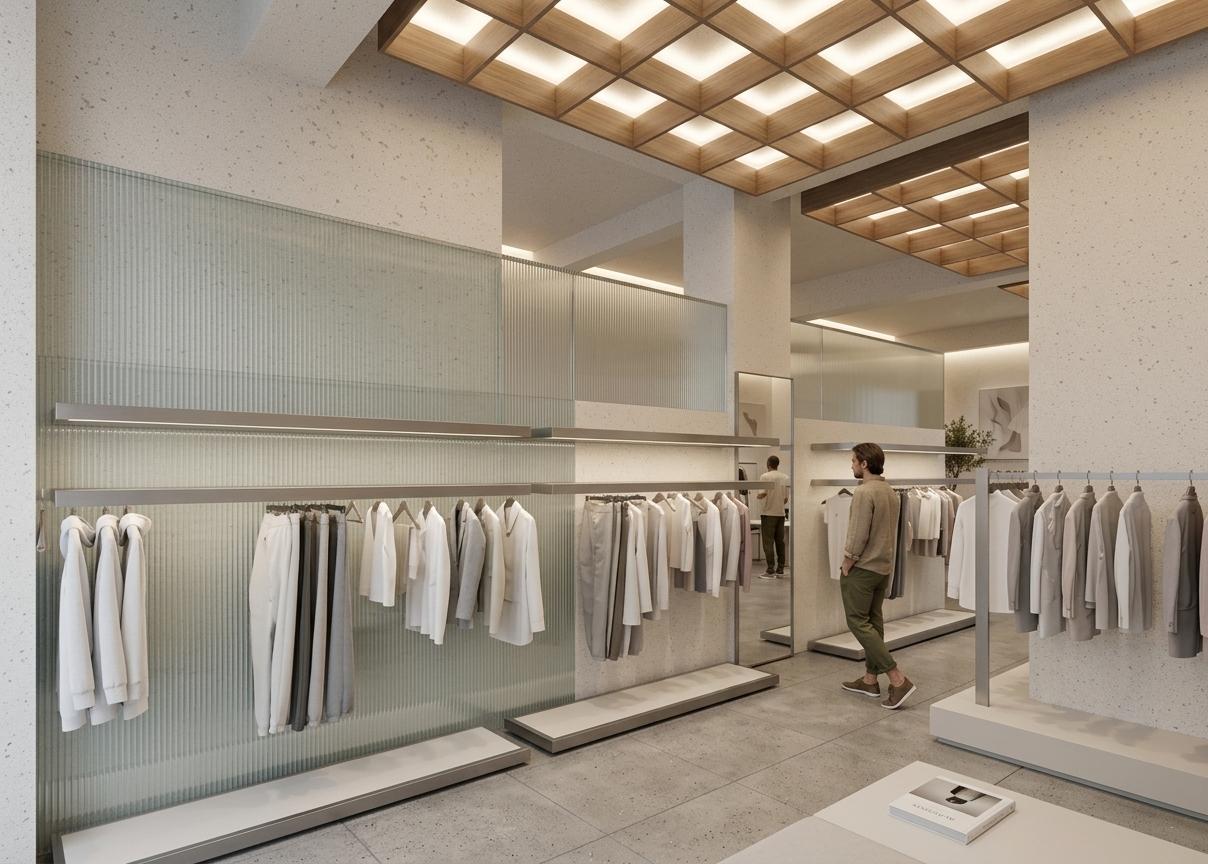 An incredibly lifelike, richly detailed, photorealistic wide-angle interior photo of a minimalist fashion showroom workshop set in a serene modern urban haven. The scene is illuminated by a warm, diffused glow emitted from a wooden grid-coffered backlit ceiling, creating a serene, zen-inspired atmosphere. Captured with a professional 24mm tilt-shift lens, emphasizing the fine texture of the off-white terrazzo plaster walls, the translucent quality of the ribbed glass partitions, and the sleek brushed-steel clothing displays. This streamlined space features an uncluttered layout with a monochromatic palette of whites, grays, and subtle pastel garments hanging on elegant, functional metal racks. A visitor dressed in earthy tones stands thoughtfully on the seamless concrete floor near a full-length mirror. A low, integrated white display plinth serves as a clutter-free surface, while minimal decor is represented by a curated art photography book casually placed on a nearby surface, with hints of green from a delicate indoor plant and abstract minimalist art subtly suggested in the deeper workshop studio space visible in the background.