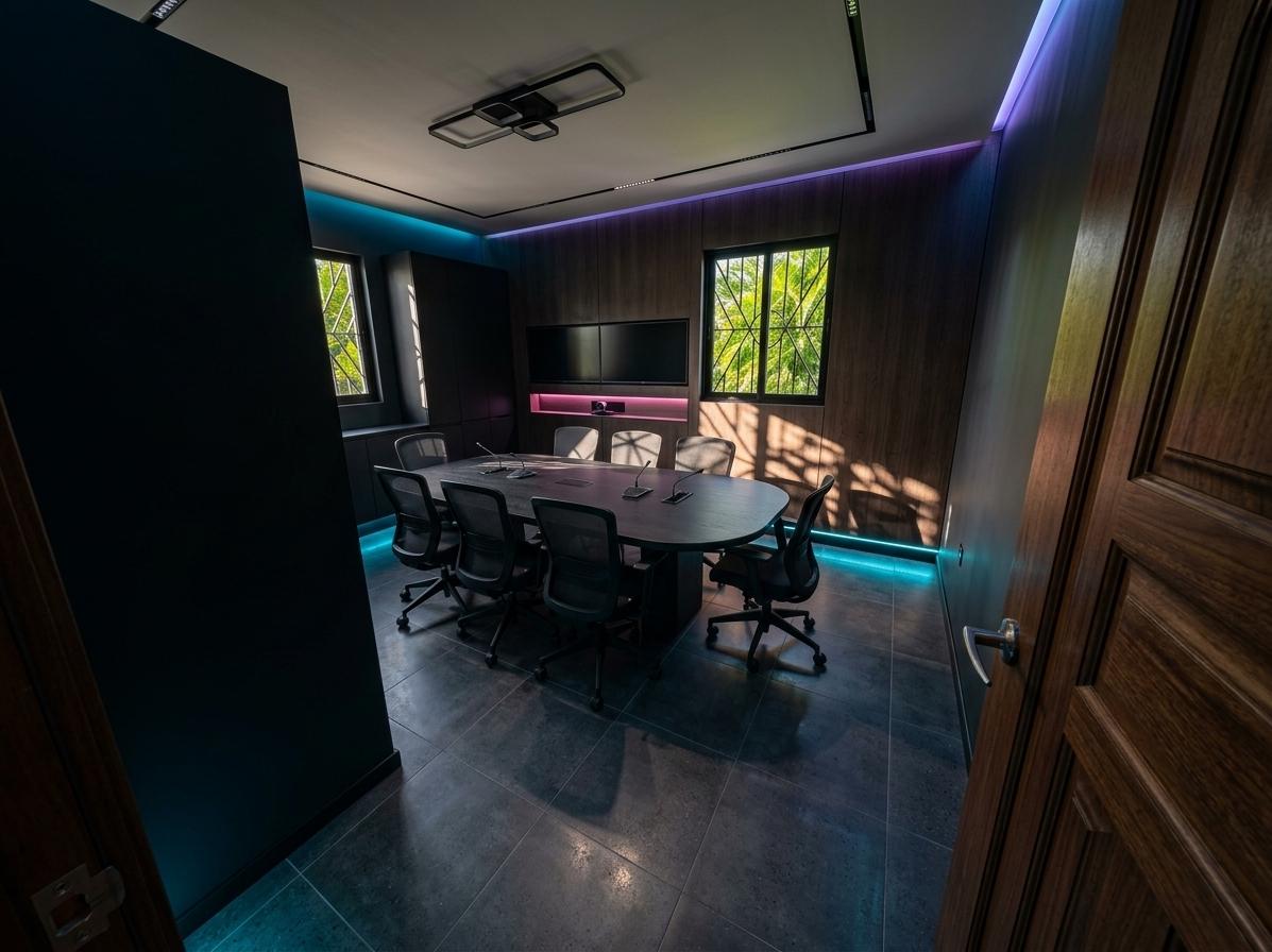 An incredibly lifelike, richly detailed, photorealistic wide-angle interior shot of a high-tech video conference room for eight people with integrated smart storage, set in a converted modern workspace. The scene is illuminated by intense, dappled midday summer sunlight filtering through tinted window glass, beautifully contrasting with moody, ambient neon-noir LED strip lighting in deep cyan and violet, creating a cinematic, focused, and ultra-modern atmosphere. Captured with a 24mm f/2.8 architectural lens, emphasizing the rich contrast between the sleek matte black oak table, polished charcoal-toned concrete flooring, and the cool glow of embedded light channels. At the center of the room, eight ergonomic mesh-back executive chairs surround an elongated, racetrack-shaped conference table bearing integrated sleek microphone arrays and pop-up power docks. The main wall features a seamless dual-screen video conferencing setup flush-mounted on a dark, acoustic wood-paneled wall, underlit by a hidden pink-magenta LED band. Behind the main seating area, where the partition once stood, a wall of custom, handle-less matte black floor-to-ceiling storage cabinets maintains a clutter-free environment. The original windows have been replaced with black, powder-coated steel frames offering a view of vibrant, sun-drenched tropical green foliage outside that dapples the moody interior with bright, kinetic shadows. The polished concrete floor reflects these elements in a low-gloss, satin finish, grounding the room in a perfect balance of high-tech cyberpunk aesthetics and functional, human-scale corporate comfort.