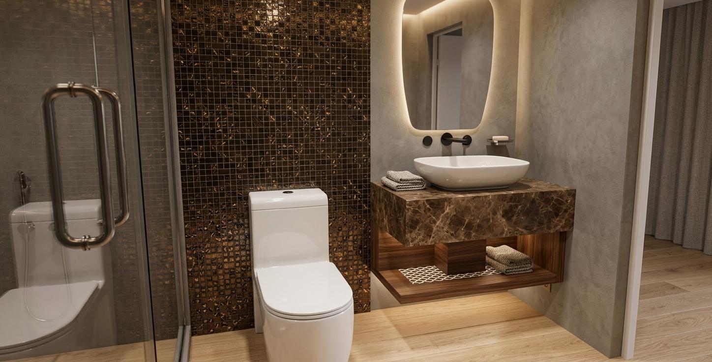 An incredibly lifelike, richly detailed, photorealistic interior perspective shot of a modern, minimalist Zen-style toilet and bath vanity set in a tranquil, contemporary residential home. The scene is illuminated by warm, diffused overhead LED lighting and a soft, concealed ambient glow that accentuates the organic materials, creating a serene, peaceful, and cozy digital zen atmosphere. Captured with a high-end 35mm lens at eye level, emphasizing the contrasting textures of the polished elements against matte surfaces with a subtle, realistic depth of field, the composition features a sleek, glossy white ceramic toilet positioned against a stunning vertical feature wall clad in shimmering dark-bronze and amber glass mosaic tiles that catch glints of warm light. Next to it, a floating vanity anchored by a robust, richly veined brown emperador marble countertop supports an elegant, soft-rectangular white ceramic vessel basin, fitted with a minimalist matte black wall-mounted faucet beneath a soft-edged, frameless mirror. Below the vanity, a beautifully crafted walnut wood shelf with a decorative white honeycomb mesh insert floats seamlessly above the pale, warm-toned oak plank floor. The surrounding walls are finished in a refined, tactile gray microcement plaster, adding a wabi-sabi touch to this exquisite sanctuary, while the edge of a frameless glass shower enclosure on the far left adds a layer of depth and modern transparency.