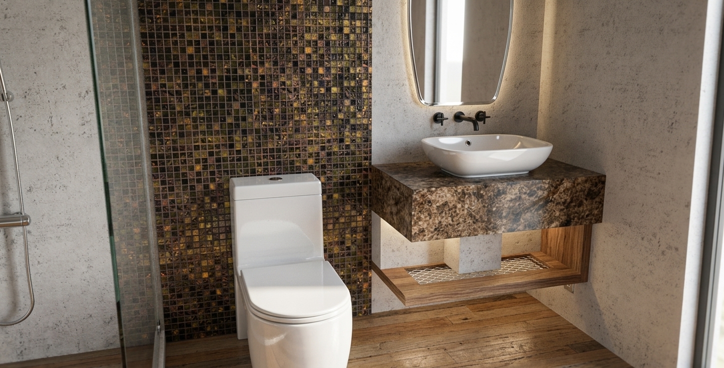 A professionally shot architectural photograph of a modern, zen-style toilet and bath corner, perfectly preserving the composition, layout, and materials of the scene under warm, moody, and natural lighting. The accent wall is made of glittering dark bronze and copper mosaic tiles, each tiny square reflecting the warm ambient light with subtle glints and varying degrees of gloss. Beside it, the floating vanity features a thick, polished slab of rich brown Emperador marble with detailed golden-brown veining, supporting a smooth, satin-finish white ceramic vessel basin and a matte black wall-mounted tap. Below, a natural walnut wood shelf with a fine metal grid insert is softly illuminated, casting delicate shadows onto the light wood plank floor. The surrounding walls are finished in a raw, tactile, light gray microcement plaster that beautifully diffuses the warm interior light, creating soft gradients and a serene, tranquil atmosphere. The organic-shaped mirror reflects the clean, minimalist space with crisp clarity, while the white porcelain toilet has a soft, realistic sheen. Drawn with a high-end architectural lens, the photograph exhibits natural depth of field, ultra-fine surface micro-textures, and a cozy, inviting warmth that evokes a high-end spa.