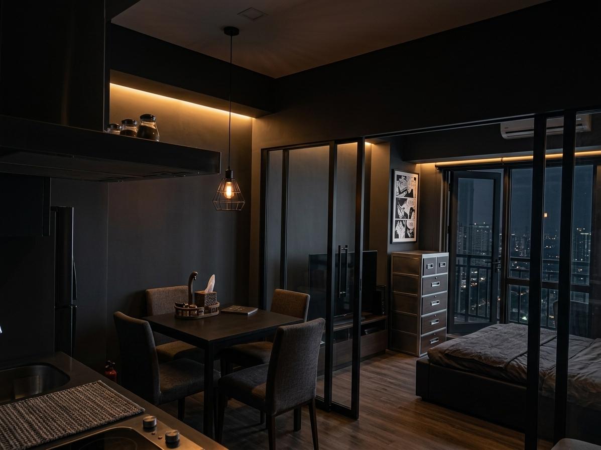 An incredibly lifelike, richly detailed, photorealistic wide-angle architectural shot of a luxury dark modern living area set in a high-end, high-rise urban apartment with a premium Gotham-inspired aesthetic. The scene is illuminated by low-key, moody amber LED strip lighting and a single industrial black cage pendant light, creating a sophisticated neon noir atmosphere. Captured with a professional 35mm f/1.8 lens, emphasizing the matte charcoal textures, sleek metallic frames, and deep, atmospheric shadows. 

This view, taken from the vantage point of the bedroom through an elegant, open sliding glass partition, looks directly into the perfectly composed living room. A sleek vertical black steel slat room divider subtly separates the functional zones, preserving an open-concept flow while defining the space. The walls are finished in a flawless matte charcoal that absorbs the light, contrasted beautifully by a low-mounted, floating matte black TV console where a thin amber LED strip runs along the bottom edge, casting a warm, dramatic glow across the floor. Above the console, a large matte black framed TV is mounted flush, while on an adjacent wall hangs a single, oversized, museum-quality framed graphic novel panel artwork—a high-contrast, black-and-white illustration that adds an artistic, intellectual edge. Facing the media center is an angular, structured dark charcoal sofa with crisp, clean lines, anchored by a minimal dark textured rug and paired with a sophisticated smoked glass and black steel coffee table. In the background, an industrial black cage pendant light hangs over a minimalist dining table, beyond which the open-plan kitchen is visible, showcasing pristine matte black cabinetry completely free of clutter. The overall composition balances strict geometric proportions, human-scale functionality, and a cinematic color palette of deep charcoal and warm amber, presenting an editorial-quality interior that feels both deeply atmospheric and luxurious.