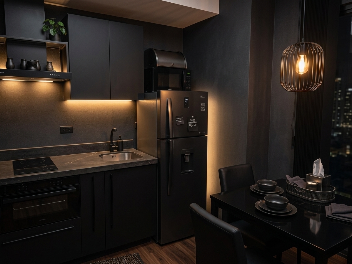 An incredibly lifelike, richly detailed, photorealistic wide-angle interior shot of a luxury dark modern kitchen set in a compact Manila condo with a Gotham-inspired neon noir aesthetic. The scene is illuminated by a combination of cinematic warm amber under-cabinet LED strip lights and a glowing black cage pendant light, creating a moody, sultry, and sophisticated atmosphere. Captured with a professional 35mm f/1.8 lens, emphasizing the rich, velvety textures of matte charcoal walls, the subtle sheen of dark quartz countertops, and clean design lines, this redesigned space replaces the cluttered, aging kitchen with absolute luxury. The kitchen features custom matte black flat-front cabinetry, utilizing ultra-trim black bar pull handles on the lowers and a completely handleless profile on the uppers. A dark, concrete-look quartz countertop accommodates a flush-mount black electric induction cooktop, a matte black range hood, and a deep stainless steel undermount sink with a matte black gooseneck faucet. The warm amber under-cabinet illumination highlights a minimalist open shelf holding a couple of dark ceramic vessels and a single small, vibrant plant. The floor is lined with rich, dark wood laminate that flows seamlessly toward the small, polished black dining table, paired elegantly with two structured, minimalist dark chairs. Free of any clutter, this editorial-style space feels expansive, intimate, and profoundly modern, transforming a small condo layout into a high-end designer haven.