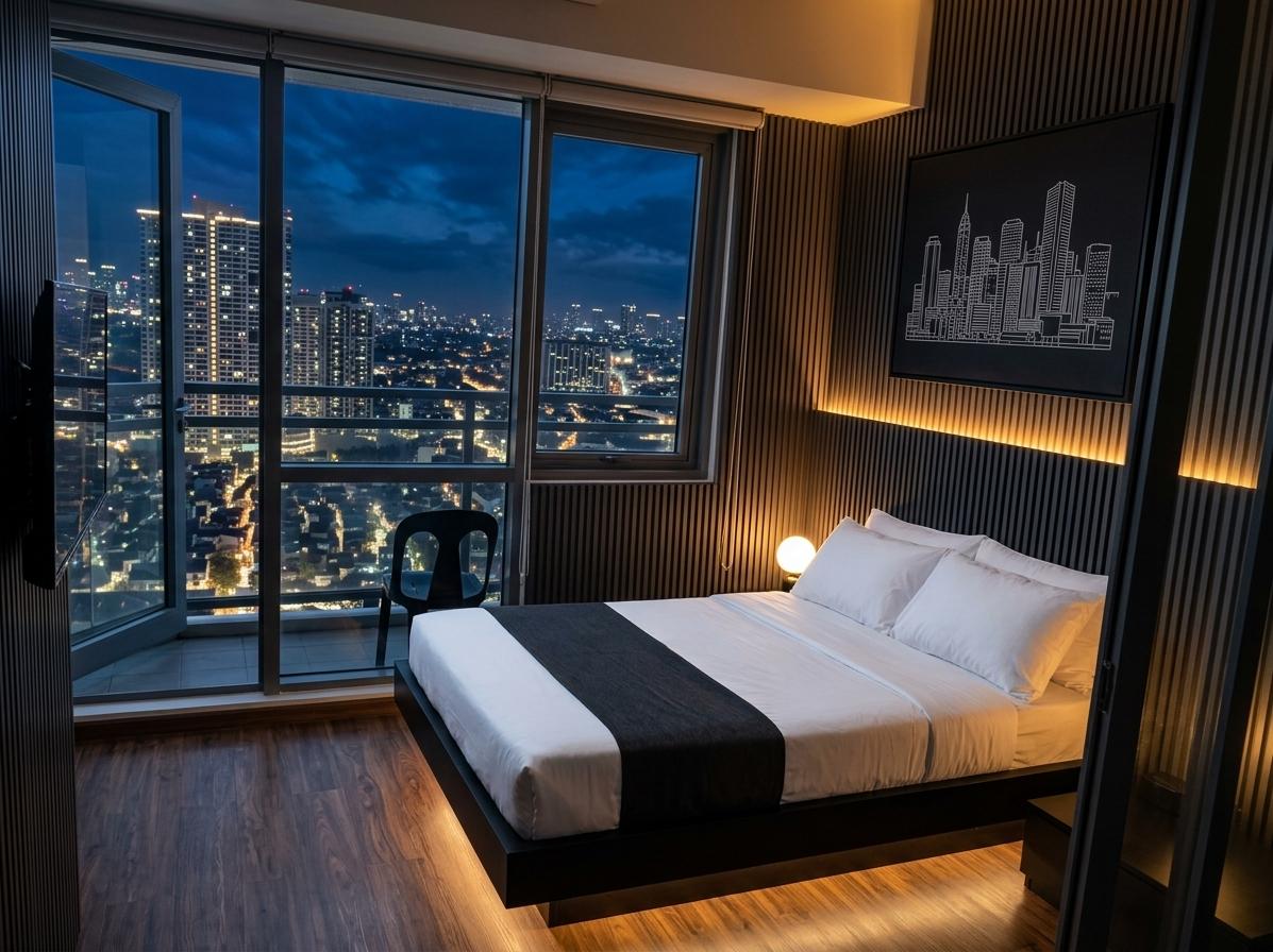 An incredibly lifelike, richly detailed, photorealistic wide-angle interior photograph of a luxury Gotham-inspired master bedroom set in a high-rise apartment overlooking the Manila city skyline at night. The scene is illuminated by dramatic ambient glows, including warm amber LED strip lighting hidden behind the wall panels and a soft under-bed halo, creating a moody, sophisticated, and cinematic "techno wonderland" atmosphere. Captured with a professional 24mm tilt-shift lens, emphasizing the tactile textures of the floor-to-ceiling vertical ribbed charcoal fluted panels that cover the back wall and the rich grain of the dark wood laminate flooring. In the center of the composition, a low matte black platform bed floats effortlessly above the floor, dressed in pristine, crisp white hotel-quality bedding accented by a single dark charcoal runner. Above the headboard hangs an oversized, minimalist black-framed artwork showcasing a white architectural line drawing of a dense cityscape on a matte black canvas. To the side, a minimal dark bedside table supports a single glowing warm globe lamp, while on the adjacent wall, a sleek flat-screen TV is cleanly mounted. The entire space dramatically opens up through large, floor-to-ceiling glass sliding doors leading to a private balcony, where the twinkling, sprawling lights of Manila at night provide a naturally breathtaking, real-world Gotham backdrop that perfectly complements the dark premium aesthetic.