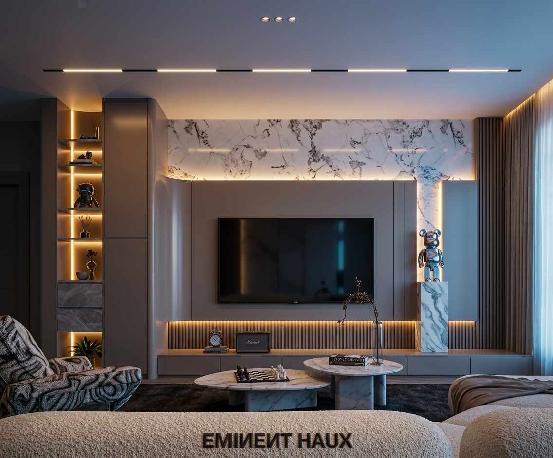 An incredibly lifelike, richly detailed, photorealistic wide-angle interior photo of a sleek, high-tech neon noir living room set in a luxury urban high-rise library apartment. The scene is illuminated by the soft, cold dawn light of an early sunrise filtering through sheer drapes, beautifully contrasted by sharp, warm amber and cool neon backlighting hidden along the recessed wall panels, creating a moody, cyberpunk atmosphere. Captured with a professional 35mm camera, emphasizing the rich contrast between minimalist matte grays, polished marble, and high-tech metallic details, the shot showcases a stunning feature wall with a large, dark television screen set against sleek taupe paneling. Above it, a slab of heavily veined white marble is highlighted by integrated led strips, subtly doubling as a canvas for holographic wall art, while a tall, recessed vertical shelf to the left glows with warm light, showcasing cyberpunk decor and small indoor plants on solid gray marble drawers. To the right, a silver-metallic cybernetic bear sculpture stands on a black marble plinth, reflecting the ambient light of the room. In the center, two low-profile, organic-shaped marble-top coffee tables rest on a dark, plush rug, decorated with a photography book, a minimalist chess set, and a delicate metal-framed glass vase containing dried branches, all framed beautifully by the textured, cream-colored boucle upholstery of a modern curved sofa in the foreground.