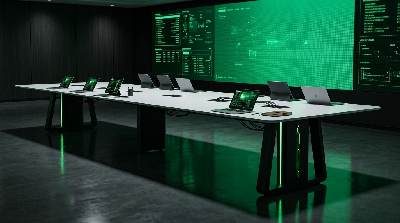 An incredibly lifelike, richly detailed, photorealistic wide-angle interior shot of a high-tech command center meeting room set in a sophisticated corporate facility. The scene is illuminated by the moody, low-key glow of a massive background video wall and minimal green neon accent lights, creating an intense, neon noir atmosphere. Captured with a 24mm tilt-shift lens, emphasizing the razor-sharp geometric lines of the meeting table, the matte dark-paneled walls, and the highly reflective dark concrete flooring. The long, pristine white-topped conference table sits as the centerpiece, defined by its matte finish and thick black architectural support legs that integrate subtle vertical glowing green neon strips. Neatly aligned on the table, premium laptops and tablets display high-contrast green wallpapers, casting faint light onto the white surface. At the front of the room, the gargantuan, seamless LED video wall acts as the main light source, displaying minimalist green security data and cybernetic UI details, casting long, sharp shadows and vibrant emerald reflections across the polished, dark floor.
