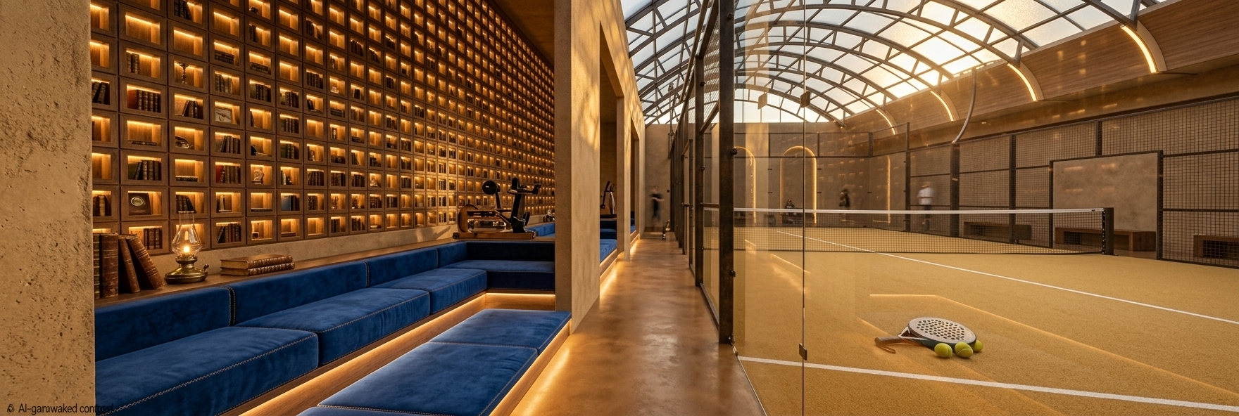 An incredibly lifelike, richly detailed, photorealistic wide-angle interior photograph of an ultra-luxurious padel court arena and fitness gym integrated with a Middle Eastern library concept, set within a serene desert retreat during a golden sunset. The scene is illuminated by a stunning, intricate interplay of warm-toned custom LED lights glowing from behind geometric wooden grid wall shelves and ambient desert sunlight streaming through a grand, vaulted glass ceiling, creating a mystical, serene, and deeply inviting atmosphere. Captured with a high-resolution 24mm tilt-shift lens, emphasizing the rich, tactile textures of the sandy plaster walls, the plush royal blue velvet of the stadium lounge seating, and the wood-grain finish of the curved PVC vaulted ceiling panels. This reimagined design seamlessly merges physical wellness with intellectual leisure, presenting a pristine golden-sand color turf padel court with seamless glass barriers parallel to a scholarly viewing gallery filled with antique leather-bound books, delicate brass lanterns, and minimalist modern gym equipment resting in a clean, adjacent zone, showcasing a masterclass in elegant proportions, warm desert palettes, and cultural architectural harmony.