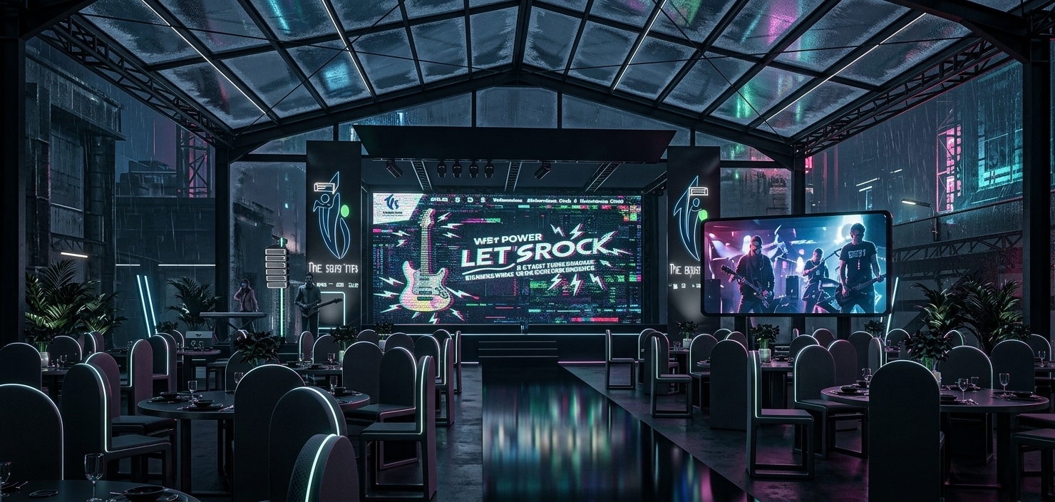 An incredibly lifelike, richly detailed, photorealistic wide-angle architectural photo of a futuristic exhibition space set in a gritty, industrial urban environment on a cold winter night. The scene is illuminated by moody neon noir lighting, with electric blue, hot pink, and cyber-green neon accents slicing through deep shadows, creating a dark, high-tech, and cybernetic atmosphere. Captured with a high-end 24mm f/2.8 lens on a professional camera, emphasizing the cold textures of matte black metal trusses, sleek glass surfaces, and the polished sheen of minimalist finishes, the cavernous venue features a striking overhead structural canopy made of dark steel trusses and geometric glass, shielding the space from the winter chill. Below, a symmetrical arrangement of dining tables, crafted from darkened metal and glass, is surrounded by minimalist high-backed chairs with glowing neon piping. A long, reflective obsidian runway leads the eye toward the main high-tech stage, where a colossal, glowing holographic wall art display acts as the backdrop, projecting a gritty cyberpunk concert visual. To the right, a massive floating digital screen broadcasts a high-contrast feed, its cybernetic glow casting vibrant reflections across the dark, polished flooring. Lush, dark-leaved indoor plants are strategically placed adjacent to the tables, lit by subtle integrated LED uplights, adding a touch of organic warmth to the monochromatic black, gray, and neon-accented setting, while the overall composition boasts crisp depth of field and dramatic ray-traced reflections—perfectly captured for a premium architecture photography book.