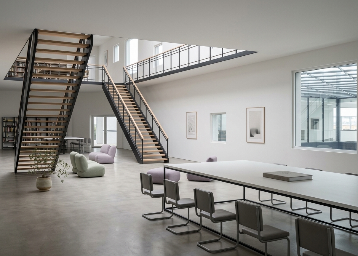 An incredibly lifelike, richly detailed, photorealistic wide-angle interior shot of a modern, multi-level creative workshop set in a minimalist haven. The scene is illuminated by soft, diffused day-lighting pouring in from large architectural openings, creating a serene, uncluttered, and deeply peaceful atmosphere. Captured with a professional 24mm tilt-shift lens, emphasizing the flawless matte-finished walls, polished concrete flooring, and the sleek textures of powder-coated steel and light wood. In the foreground, a long, functional workshop table with an alpine-white surface holds a single, heavy-paper photography book, lined with elegant gray cantilever chairs made of streamlined metal and leather. Further back, comfortable, Zen-inspired plush lounge chairs in subtle pastels sit on the sleek, clutter-free floor, flanked by a delicate indoor plant in a ceramic pot. Two majestic, open-tread staircases with minimalist geometric railings lead the eye upward to a mezzanine balcony, while the distant walls are adorned with understated abstract wall art and punctuated by a large, crisp window looking out onto a modern glazed atrium.