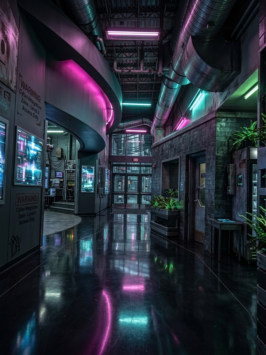 An incredibly lifelike, richly detailed, photorealistic wide-angle interior photo of a futuristic, cybernetic hallway set in a gritty, high-tech industrial attic conversion reminiscent of a neon noir cityscape. The scene is illuminated by a moody combination of low-key ambient darkness and vibrant, piercing streaks of electric pink, cyan, and acid green neon, creating a dark, urban, and highly mysterious atmosphere. Captured with a 24mm f/1.4 lens, emphasizing the glossy reflections on the polished obsidian microcement floor and the raw, brushed textures of the exposed metal ductwork running overhead. The original curved walls are reimagined in sleek, matte charcoal gray and lined with mesmerizing holographic wall art displaying flickering digital interfaces and cyber-landscapes. To the right, the brick wall is replaced with dark, grimy slate tiles, integrated with a high-tech security door made of gunmetal steel and tempered glass. Minimalist metal and glass furniture, including a chrome-framed console table, sits under the glow of suspended neon tubes. Pockets of contrasting nature are introduced through dark cybernetic planters housing bioluminescent indoor ferns with subtly glowing neon veins, completing this deeply atmospheric, sleek, and high-tech urban sanctuary.