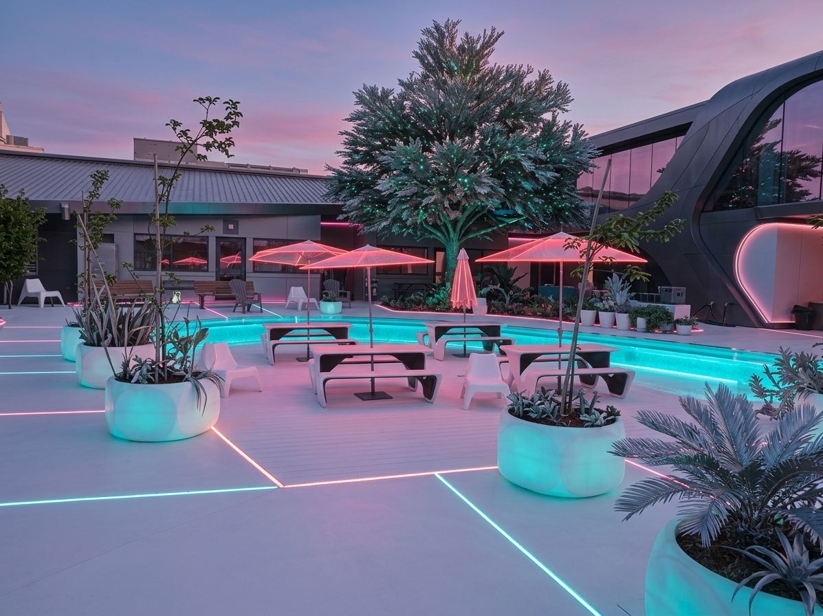 An incredibly lifelike, richly detailed, photorealistic wide-angle architectural photo of a luxurious futuristic outdoor pool deck and modern beach lounge set in a coastal techno-wonderland. The scene is illuminated by the soft twilight sky and vibrant cyan, magenta, and warm pink LED light strips integrated into the structures, creating a sophisticated, high-energy cyber-chic atmosphere. Captured with a professional medium-format camera and a 24mm tilt-shift lens, emphasizing the seamless transitions between organic and synthetic textures, from the smooth matte-white composite decking to the polished chrome finishes and the crystalline, glowing turquoise water of the infinity-edge pool that wraps around the central lounge. In place of standard picnic tables, sleek, fluid-form lounge pods with minimalist white carbon-fiber seating sit beneath geometric, canopy-like umbrellas made of semitransparent, light-guiding polymer that glow with an ambient neon red brilliance. The background features dynamic, sculpted architectural pavilions with curvilinear facades of brushed graphite aluminum and smart-glass panels that reflect the dusky magenta sky, while sculptural, bioluminescent planters with silver-leafed exotic palms frame the sunken courtyard. The entire space exhibits striking asymmetry and human-scale ergonomics, effortlessly blending advanced techno-aesthetics with the ultimate pool-side leisure experience.