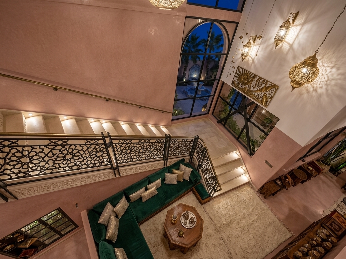 An incredibly lifelike, richly detailed, photorealistic wide-angle interior shot of a grand, temple-like winding staircase descending into an opulent Moroccan-style residential lounge set in a high-ceilinged architectural sanctuary. The scene is illuminated by the warm, flickering glow of intricate brass filigree lanterns and soft, integrated step lighting, creating a mystical, intimate, and cozy nighttime atmosphere. Captured with a 24mm f/1.4 lens, emphasizing the rich textures of hand-troweled tadelakt plaster, polished travertine stone, and sumptuous velvet textiles, the sweeping staircase has been transformed from its original state into steps of majestic ivory-hued limestone with hand-carved floral reliefs along each riser. A custom-forged, matte black wrought iron balustrade featuring intricate geometric Moroccan latticework and an aged brass handrail replaces the old railing, sweeping gracefully down toward the living area. The original brick finish is replaced by a continuous canvas of smooth, hand-troweled dusty-rose tadelakt plaster that diffuses light with a soft, satin sheen. At the landing, the industrial glass panels are reimagined as soaring, double-height arched windows with thin, black steel frames, revealing a mystical courtyard outside under a deep indigo night sky, complete with the silhouettes of swaying palms and a dimly lit, tiled mosaic fountain. In place of the utilitarian ground floor layout, a luxurious sunken lounge features an emerald green velvet-clad sectional sofa piled with silk and metallic-thread cushions, sitting upon an oversized, thick-pile cream Moroccan rug. At the center, an octagonal coffee table of hand-carved cedarwood holding a smoking incense burner and a silver tea set anchors the space, completed by oversized pierced brass pendant lamps dangling from the heights above to cast intricate, lace-like shadows across the entire warm, inviting, and architecturally proportional sanctuary.