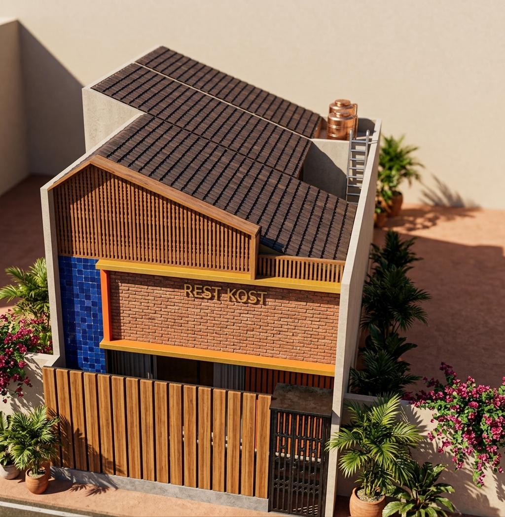 An incredibly lifelike, richly detailed, photorealistic elevated architectural photo of a modern Moroccan-inspired boutique townhouse exterior set in a warm, vibrant urban oasis. The scene is illuminated by the intense, direct light of a midday summer sun, creating a warm, sensual, and inviting atmosphere. Captured with a professional 35mm tilt-shift lens, emphasizing the rich contrasted textures of earthy materials and vibrant geometric patterns, the facade of “REST KOST” elegantly blends contemporary design with Moroccan mystique. The central exterior wall features rustic, hand-baked red clay bricks that frame the gold-embossed "REST KOST" signage, bordered by bold, saffron-orange and rich gold horizontal architectural trims. To the left, a vertical accent wall of deep cobalt-blue Zellige tiles glimmers under the sun, contrasting beautifully with the upper gable's intricate, hand-carved cedarwood mushrabiya-style slats. At ground level, a tall perimeter fence crafted from warm, vertical teakwood slats is anchored by an ornate black metal gate with geometric Middle Eastern filigree, while lush potted palms and cascading bougainvillea add organic warmth to the entrance. Atop the sloping dark terracotta roof, two gleaming copper water tanks are nestled alongside a service-access ladder, completing a composition that feels plucked directly from a luxury design book showcasing exotic, patterned, and textured modern living.
