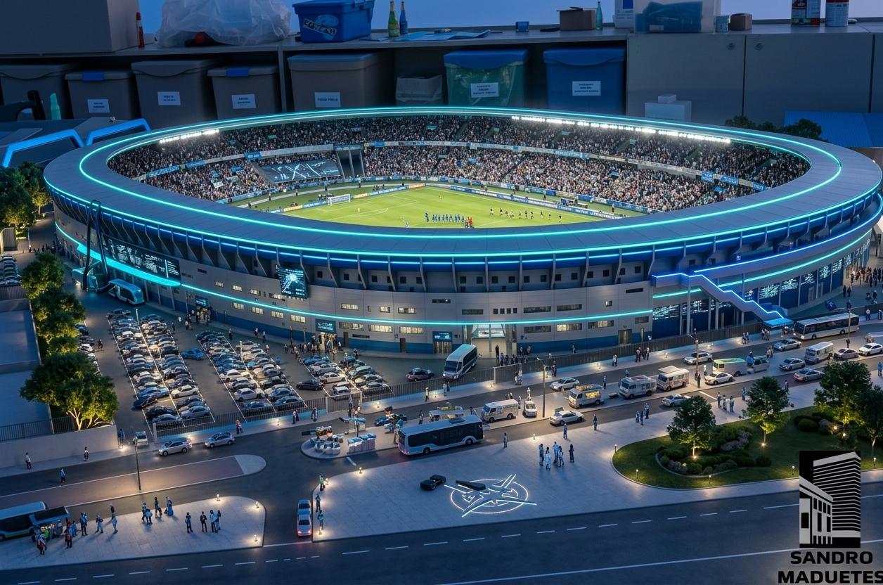 An incredibly lifelike, richly detailed, photorealistic wide-angle architectural photo of a state-of-the-art, modernized football stadium set in a digital techno-wonderland at twilight. The scene is illuminated by vibrant cyan and deep blue LED light ribbons integrated into the roof line, casting dramatic reflections across the glass facade and creating a high-energy, immersive gaming-room-inspired atmosphere. Captured with a professional medium-format camera and 35mm tilt-shift lens, emphasizing the smooth textures of the matte-silver steel paneling, the crisp geometry of the newly added cantilevering canopy roof, and the realistic gloss of the surrounding plazas. In this modernized design, the legacy floodlight towers have been entirely eliminated; in their place, a sleek, lightweight ring-roof wraps seamlessly around the oval bowl, housing high-intensity, glare-free stadium sports lights within its inner rim. The stadium's exterior has been retrofitted with dynamic media facades that display interactive graphics, overlooking a sanitized, pedestrian-friendly smart plaza featuring glowing pavement lights, minimalist landscaped gardens, and futuristic transport links that replace the legacy multi-car parking lot, elevating the entire complex into a stunning masterpiece of contemporary sports architecture.