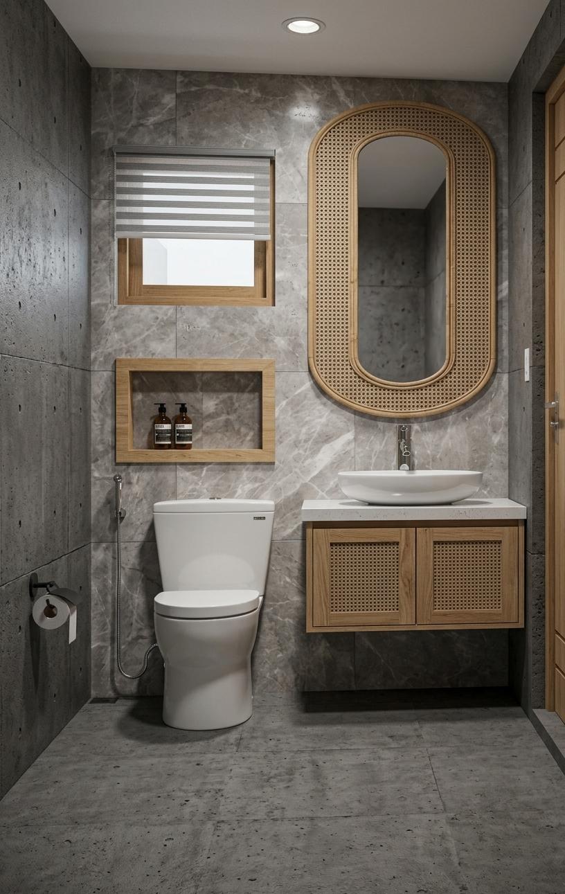 A professional architectural photograph of a modern, compact bathroom, capturing the exact composition, perspective, and layout with stunning realism. The back wall is cladded in large-format, honed light gray marble tiles displaying subtle, organic white veining and a delicate semi-matte sheen. Light streams softly from a recessed ceiling spotlight, casting a warm, gentle gradient down the marble and creating natural, diffused shadows. The floating vanity is crafted from natural oak wood with exquisite grain details, featuring cabinet doors inlaid with finely textured, woven rattan webbing. Resting atop a white solid-surface counter is a polished white ceramic vessel sink with a gleaming chrome faucet that shows faint, realistic reflections of the surrounding space. Above it hangs a large, capsule-shaped mirror framed in matching woven rattan, its glass reflecting the room with pristine clarity. Next to the vanity is a classic white ceramic toilet with a smooth, glossy glaze that softly reflects the ambient light. Above the toilet, a recessed wooden niche holds two amber glass apothecary-style soap bottles with black pump dispensers, showing realistic glass refraction and paper label textures. A small wooden-framed window is fitted with a textured grey and white horizontal zebra blind. The left-hand wall is finished in a tactile, raw dark gray concrete with rich, micro-textured variations, holding a minimalist matte black toilet paper dispenser. The floor is a dark matte charcoal slate with fine, realistic grout lines. The image is captured with a high-end prime lens, characterized by sharp focus, a hint of natural lens bloom from the light, subtle atmospheric warmth, and realistic micro-textures that elevate the scene into an authentic, lived-in space.
