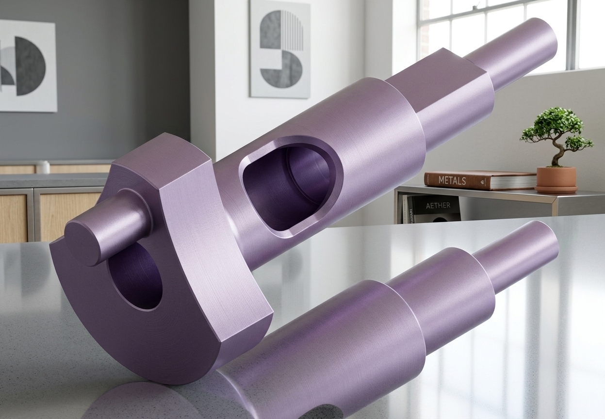 An incredibly lifelike, richly detailed, photorealistic close-up architectural photo of a precision-engineered metallic prototype cylinder set in a bright, modern workshop-turned-minimalist-haven. The scene is illuminated by crisp, diffused midday summer sunlight streaming from high industrial windows, creating a serene, balanced, and highly focused atmosphere. Captured with a high-end 50mm f/2.8 lens, emphasizing the satin-anodized, lilac-purple smooth finish of the machined sculpture and its perfectly beveled edges reflecting elegantly onto a pristine, polished gray quartz countertop. In the soft-focus background of this uncluttered, Zen-inspired space, the monochromatic gray and white walls are adorned with abstract wall art, while sleek metal and light wood furniture maintain a clutter-free aesthetic. A carefully curated corner displays a thick photography book on a low shelf, a minimalist indoor plant introducing a organic touch, and simple, functional decor that elevates this industrial component to a piece of elegant, modern art.