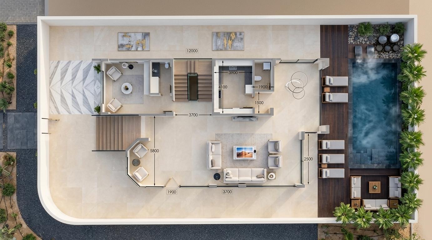 An incredibly lifelike, richly detailed, photorealistic floorplan photograph of a luxury contemporary villa with a serene outdoor onsen set in a private, elegant sanctuary. The scene is illuminated by bright, natural afternoon sunlight, creating an airy, sophisticated, and balanced atmosphere. Captured with a professional medium-format camera and wide-angle lens, emphasizing the clean-lined geometry, polished stone surfaces, and refined textures. Inside the open-concept living spaces, a sophisticated color palette of warm white, pearl, champagne, and soft gray governs the design, highlighted by tailored upholstered furniture with slim metal accents and curated decor including a premium open photography book and understated abstract wall art. Sculptural lighting fixtures hang gracefully from the ceilings, casting a soft glow over the layout. Moving towards the exterior on the right, the steaming, deep-blue waters of the onsen pool are nestled alongside dark, polished wood decking, poolside loungers, and lush container palm trees, leading down to a cozy sunken outdoor lounge area with elegant, clean-lined seating that embodies the peak of minimalist contemporary elegance.