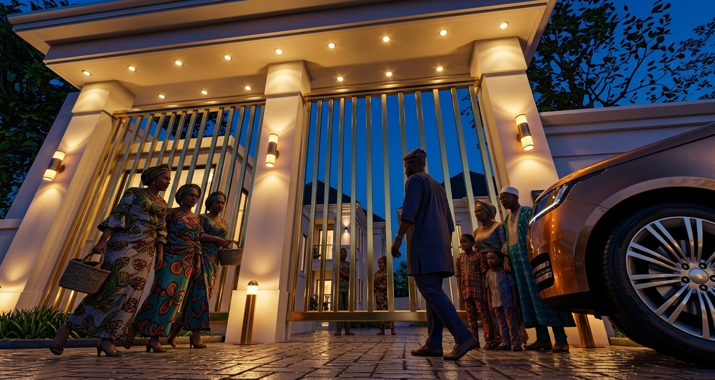 An incredibly lifelike, richly detailed, photorealistic low-angle wide shot of a grand estate entrance pavilion styled as a futuristic techno wonderland set in a luxurious, modern residential enclave at twilight. The scene is illuminated by intense warm LED spotlights recessed in the ceiling, glowing cylindrical wall sconces, and the deep blue of the evening sky, creating a vibrant, surreal, and immersive atmosphere. Captured with an ultra-wide 24mm high-concept camera lens, emphasizing the polished gold-toned vertical security glides, the reflective, wet-look cobblestone pavers, and the intricate textures of the traditional Ankara attire worn by a family gathered at the portal. The architecture acts as an open-air living space, blending clean, modular columns with eclectic, high-tech design elements. On the right, the metallic, highly-polished surface of a luxury bronze vehicle mirrors the brilliant lighting, while the family’s colorful patterned garments inject a sense of dynamic glitch art and digital playfulness into the structural geometry. Lush green landscaping peeks around the warm glowing bollards, juxtaposing natural organic forms against the hard surfaces of this innovative, techno-inspired entry canopy.