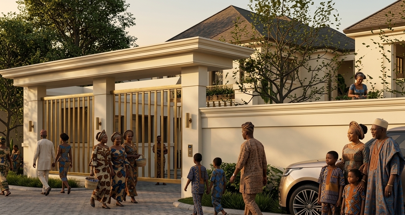 An incredibly lifelike, richly detailed, photorealistic wide-angle exterior architectural photo of a luxurious, contemporary villa entrance and gated courtyard set in a sun-drenched suburban estate. The scene is illuminated by warm, golden hour sunlight, creating a worldly, eclectic, and welcoming atmosphere. Captured with a 35mm f/2.8 lens, emphasizing the rich textures of the smooth cream stucco facade, polished brass gating, and the vibrant global patterns of the families gathered. The architecture seamlessly blends modern structural design with cultured, nostalgic elegance, featuring a clean white-trimmed flat overhang above a high-security gilded metal gate, flanked by a pristine boundary wall. Members of a family, elegantly dressed in artistic, layered traditional attire showcasing shades of earth tones, brilliant blues, and deep oranges, walk through the courtyard, conveying an adventurous and curated lifestyle. Lush green manicured lawns, indoor plants peeking from the balconies, and mature trees frame the composition, casting soft shadows across the interlocking stone driveway where a sleek champagne-toned SUV is parked, reflecting an atmosphere that is uniquely artistic, layered, and vibrant.