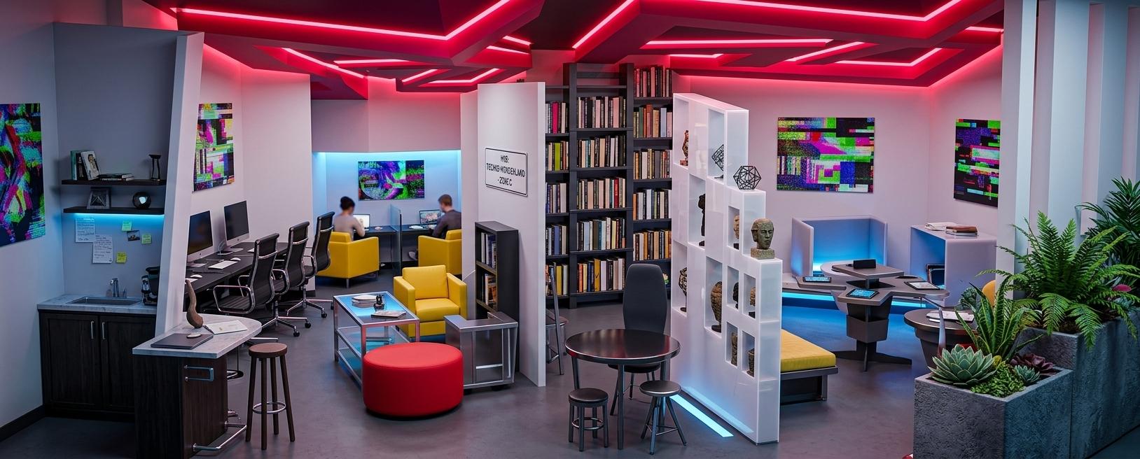 An incredibly lifelike, richly detailed, photorealistic wide-angle interior perspective shot of a cutting-edge, techno-wonderland study room set in a sprawling digital learning hub. The scene is illuminated by vibrant neon-red LED strips recessed into a bold, geometric ceiling bulkhead and cool blue under-cabinet lighting, creating a dynamic, immersive, and surreal atmosphere. Captured with a high-end 35mm camera lens, emphasizing the contrasting metallic surfaces, modular plastic furniture, and eclectic textures throughout the split-zone layout. In the background, towering dark metal bookshelves hold a curated collection of photography books, while vibrant glitch art wall art adorns the clean white partitions that segment the collaborative study bays. Sleek black task desks, chrome-framed modular seating, bright yellow accent chairs, and a bold circular red ottoman populate the space, creating a playful yet hyper-efficient flow. Subtle techno-inspired decor, glossy acrylic accents, and lush indoor plants tucked strategically into corners complete this innovative interior designer's vision of a forward-thinking, digital-first learning environment.