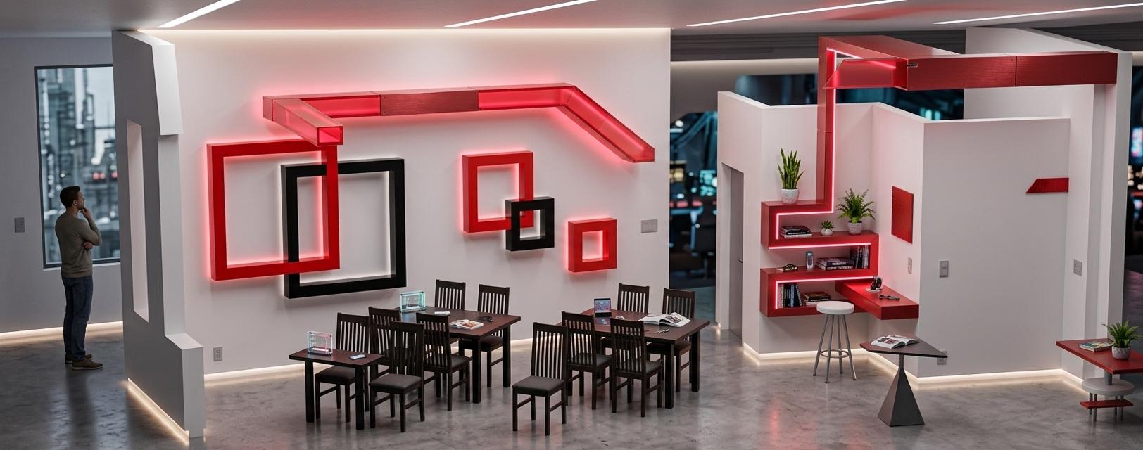 An incredibly lifelike, richly detailed, photorealistic wide-angle interior-perspective photo of a vibrant, futuristic study space set in a cutting-edge techno wonderland. The scene is illuminated by a mix of glowing crimson neon beams and immersive, diffused ambient lighting, creating a dynamic, surreal, and highly playful atmosphere. Captured with a professional camera using a wide-angle lens, emphasizing the contrasting textures of sleek modular metal-and-plastic furniture, polished grey concrete flooring, and crisp white architectural walls. In the center of the room, two clusters of dark, eclectic modern study tables are neatly arranged with stylish, high-backed chairs, while a lone figure stands in contemplation near a structural doorway on the far left. The main wall serves as a canvas for striking glitch art installations, featuring bold, interlocking red and black square frames that seem to hover in three dimensions like interactive digital widgets. On the right, complex architectural partitions create a series of innovative study nooks decorated with techno-inspired decor, red metallic shelving accents, small lush indoor plants, and scattered photography books, completing this immersive and highly creative sanctuary.