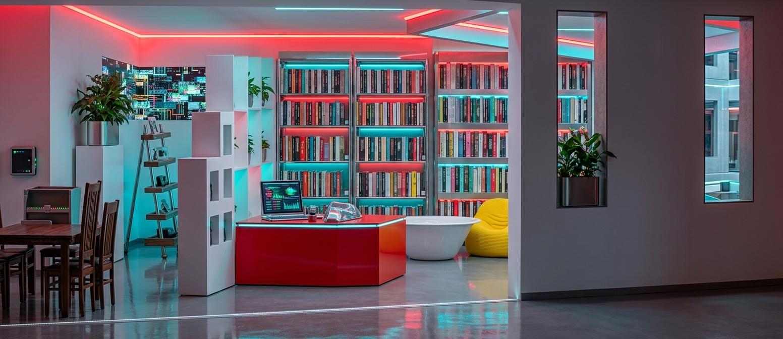 An incredibly lifelike, richly detailed, photorealistic wide-angle interior photo of a futuristic study room set in an immersive techno wonderland environment. The scene is illuminated by a vibrant mix of bright neon red and cyan light strips hidden along the ceiling and shelving, creating a dynamic, playful, and surreal atmosphere. Captured with a professional 24mm tilt-shift lens to maintain perfect vertical lines, emphasizing the sleek, glossy metallic textures and plastic finishes of the modular furniture. At the center of the space, a bold, primary red reception desk commands attention, flanked by tall, chrome-framed bookshelves packed with colorful photography books. To the left, a series of staggered, white blocky privacy screens adds geometric depth, while the dark, contrasting back wall features striking digital glitch art wall art that reinforces the high-tech, digital aesthetic. In the background, comfortable, bright yellow beanbag seats and a modern, scoop-shaped white lounge chair rest on a polished grey epoxy floor that reflects the neon glow. To temper the tech-dominated environment, lush indoor plants in sleek metallic planters are strategically placed, bringing an organic touch to this highly innovative, colorful, and meticulously designed intellectual sanctuary.