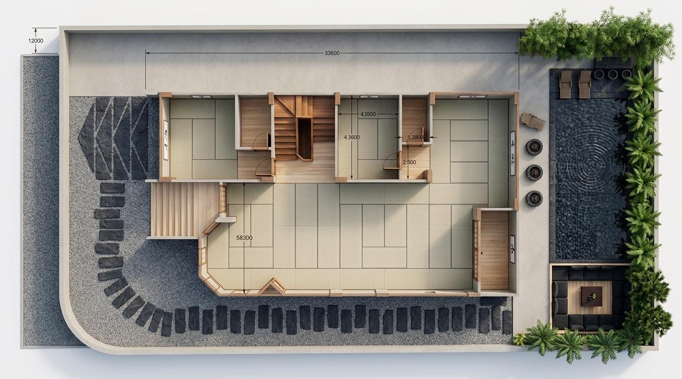 An incredibly lifelike, richly detailed, photorealistic overhead flat-lay floorplan photo of a Japanese Zen villa with an integrated hot spring onsen set in a serene, hidden valley. The scene is illuminated by soft, diffused morning sunlight filtering through tall bamboo groves, creating a tranquil, deeply meditative atmosphere. Captured with a Hasselblad H6D-100c and a 24mm tilt-shift lens, emphasizing the organic textures of smooth Hinoki cypress, dark volcanic slate tiles, and hand-woven tatami mats, this layout is perfectly styled as a centerpiece for a luxury architectural photography book. Adapting a wabi-sabi philosophy, the minimalist design features clean, uncluttered spaces that celebrate low wooden furniture, pristine, clutter-free surfaces, and traditional Japanese decor, including framed ink Japanese calligraphy wall art on neutral plaster walls. To the right, a luxurious outdoor onsen pool of deep black stone is flanked by two low-profile wooden recliners and framed by lush, natural green foliage and indoor plants, leading down to a sunken outdoor seating pavilion with plush, charcoal-black cushions where the indoor and outdoor environments seamlessly harmonize.