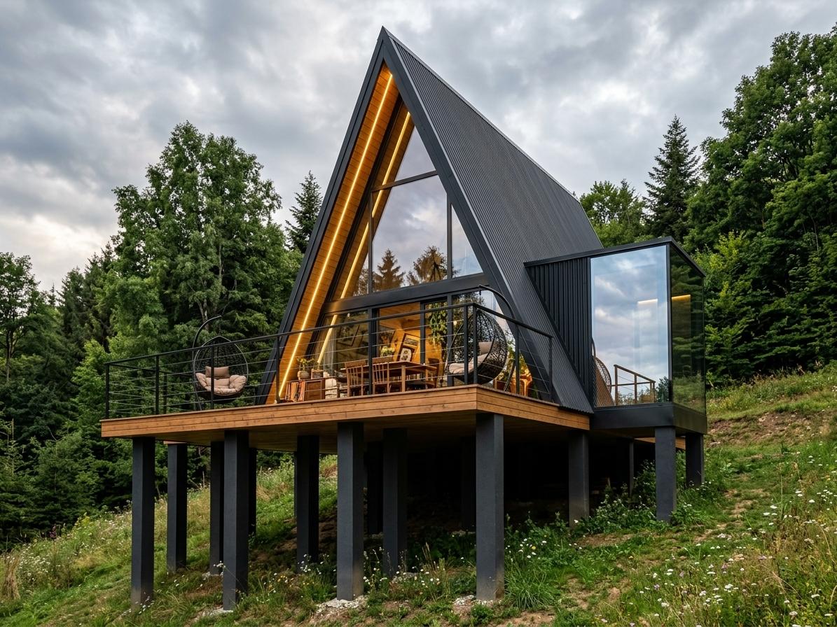 An incredibly lifelike, richly detailed, photorealistic low-angle exterior architectural shot of a modern, elevated A-frame cabin set in a lush, rolling hillside forest environment. The scene is illuminated by soft, diffused daylight filtering through a dramatic, overcast sky, creating a serene, adventurous, and cozy atmosphere. Captured with a professional medium-format camera with a 24mm wide-angle lens, emphasizing the matte corrugated black steel cladding, the warm grain of the treated timber deck, and the crystalline reflections across the massive glass facade.

The building’s exterior is an outstanding study in geometric harmony and contrasting materials. Supported by robust, charcoal-finished piers that descend into the grassy, wildflower-strewn slope, the structure hovers gracefully above the landscape. The primary A-frame volume is clad in deep black standing-seam metal, framing an expansive triangular glass front. Beneath the black-steeped rooflines, internal wooden soffits emit a warm, golden glow from integrated linear LED lighting, adding an incredibly inviting feel. 

To the right, a striking, frameless glass-box extension projects outwards from the main A-frame, functioning as a sunroom or viewing platform. Its pristine glass surfaces mirror the cloudy sky and surrounding dense green forest, creating an elegant interplay of reflection and transparency.

Peering through the main floor-to-ceiling glass front reveals a worldly and eclectic interior designed like a traveler's trove. Styled with a cultured, layered, and artistic vibe reminiscent of a high-end photography book, the visible living space contains a curated mix of vintage and modern furniture. A warm wooden dining set sits near the glass, while the inner walls are adorned with travel-inspired wall art and unique global-patterned fabrics. Rich earth tones—including deep ochres, terracottas, and warm woods—are accented by vibrant pops of color from artisanal decor and collected objects arranged on various surfaces. Cascading indoor plants soften the sharp contemporary lines, bringing a touch of the wild outdoors inside.

On the spacious, elevated wooden deck, a modern black hanging egg chair cradles plush outdoor cushions, offering a nostalgic and relaxing nook to take in the sprawling forest view. Sleek, minimalist black metal railings frame the entire terrace, ensuring unobstructed views of the surrounding environment. This architectural rendering masterfully captures a harmonious blend of adventurous modern living and natural, untamed landscape design.