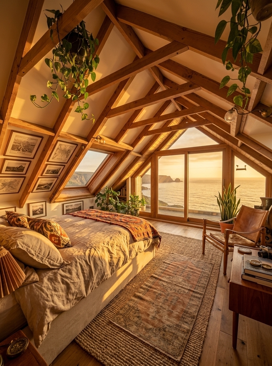 An incredibly lifelike, richly detailed, photorealistic wide-angle interior shot of a curated, globally-inspired "Travelers Trove" attic bedroom set in a coastal cliffside cabin overlooking the ocean at sunset. The scene is illuminated by a warm, golden, and honeyed sunset glow that slices through the triangular gabled window, casting long, dramatic shadows and reflecting off the rippling sea outside, creating a nostalgic, adventurous, and cozy-luxurious atmosphere. Captured with a Hasselblad H6D-100c with a 24mm f/3.5 lens, emphasizing the intricate textures of hand-loomed textiles, distressed surfaces, and the warm, grainy timber of the vaulted ceiling. The white-painted vaulted ceiling beams now frame a space alive with a rich palette of deep terracotta, desert ochre, and indigo. The low-profile platform bed is dressed in rumpled, sand-colored linen, beautifully layered with a vibrant hand-woven suzani throw and plush pillows featuring intricate global ikat patterns. On the newly laid wide-plank oak floors, a large, textured jute rug sits beneath a smaller, faded antique Turkish runner, leading the eye toward the expansive sliding glass doors. To the right, a vintage leather safari chair sits alongside a sleek mid-century modern teak side table stacked with heavy travel photography books, topped with a brass compass and a vintage camera. Lush, leafy indoor plants—including a trailing pothos cascading from the rafters and a sculptural snake plant in a terracotta pot—thrive in the golden light. The walls are adorned with a gallery of travel-inspired wall art, including framed sepia-toned landscape photographs and hand-drawn maps of ancient cities, creating a deeply personal, worldly aesthetic that feels both eclectic and profoundly serene.