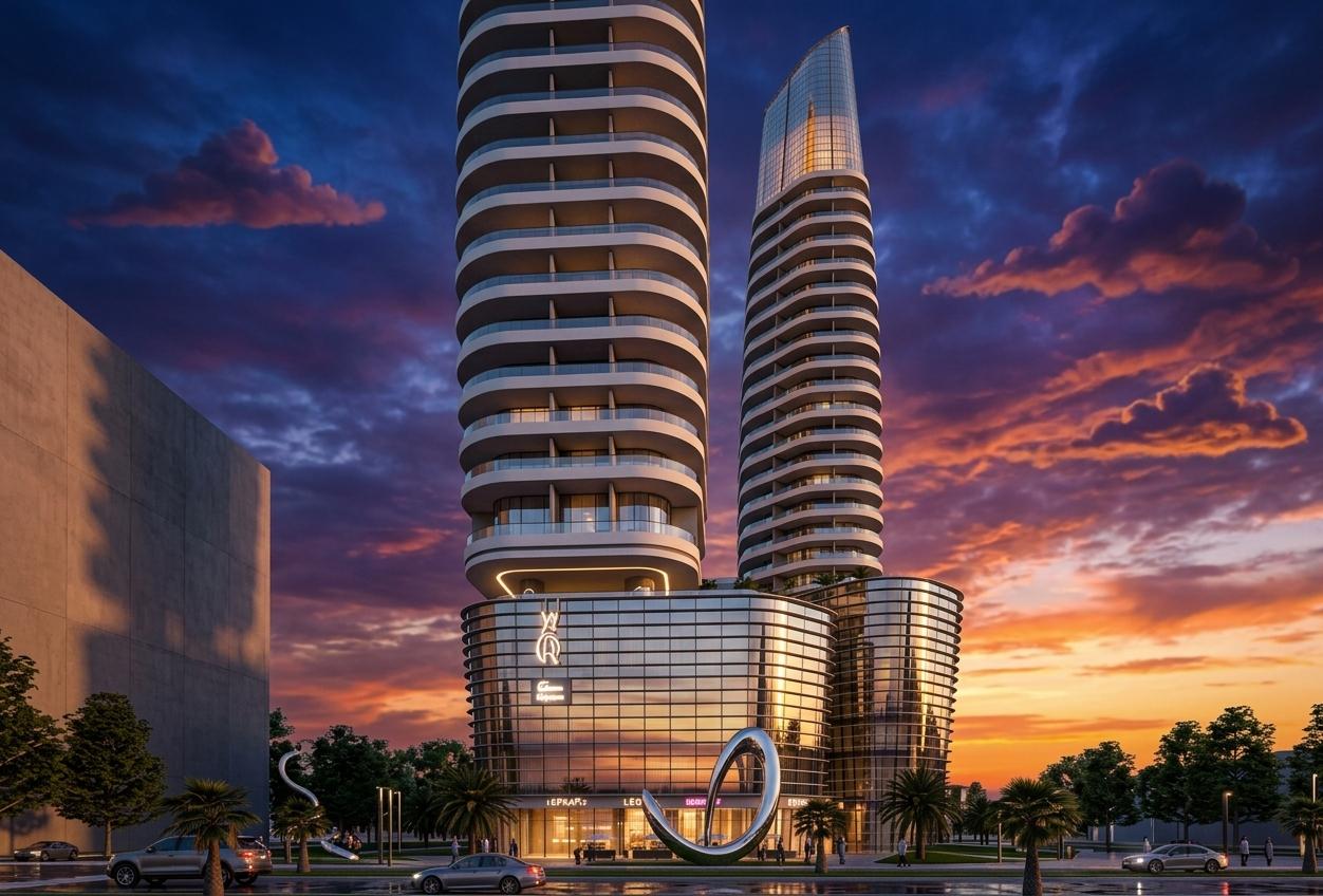 An incredibly lifelike, richly detailed, photorealistic low-angle wide shot of a futuristic luxury high-rise development set in a vibrant, palm-lined urban boulevard during a warm summer evening. The scene is illuminated by the dramatic, low-slung golden rays of a spectacular sunset fading into deep indigo, creating a moody, cinematic neon noir atmosphere. Captured with a professional 24mm tilt-shift lens, emphasizing the flawless, crisp reflections of the sky on the curved glass facades and the smooth, matte finish of the white architectural concrete, the two organic, undulating towers rise majestically into the twilight. The continuous, wave-like balconies cast long, dramatic shadows that accentuate their sculptural contours, while the taller tower’s sheer glass crown catches the last amber glints of light. At the base, the multi-story, vertically rib-textured glass storefront podium glows from within with sophisticated, soft neon signage, while its highly reflective glazing mirrors the fiery orange and deep violet horizon. On the bustling street level, manicured green lawns and swaying palm trees frame a polished chrome loop sculpture that glimmers under early evening spotlights, flanked by pedestrians and sleek luxury cars casting vibrant, glowing reflections on the pristine asphalt, while a minimalist concrete building to the left catches a soft, moody gradient of twilight shadows.