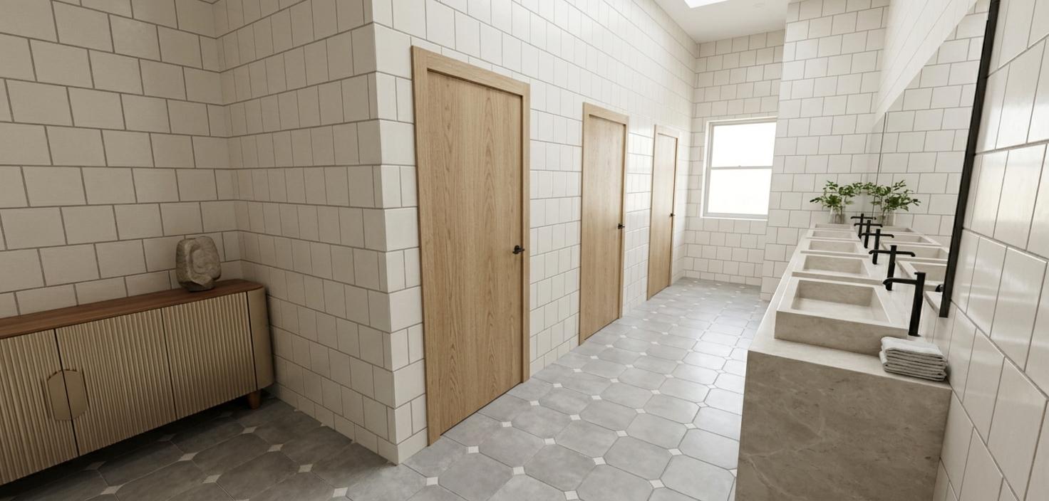 An incredibly lifelike, richly detailed, photorealistic wide-angle interior photo of a contemporary hotel bathroom set in a luxurious, high-end hospitality environment during midday in spring. The scene is illuminated by soft, diffuse natural light filtering through from an adjacent space, creating an airy, peaceful, and balanced atmosphere. Captured with a professional 24mm prime lens, emphasizing the matte textures of the light-oak wood doors, the subtle sheen of the polished stone vanity, and the clean grid lines of the warm white tiled walls. On the right, a massive, seamless polished light stone vanity slab houses a linear sequence of rectangular under-mount sinks, each accented with minimalist, slim matte black faucets that contrast beautifully against a large frameless mirror. Across the room, three elegant, clean-lined oak doors with simple black hardware are set into the textured tiled wall, leading the eye down a spacious corridor tiled in a refined, soft gray pattern with diamond accents. To the left, an understated contemporary credenza with a warm champagne-toned fluted facade and a rich wood top provides a touch of sophisticated, curated decor, evoking the refined ambiance of a high-end photography book showcasing elegant boutique architecture.