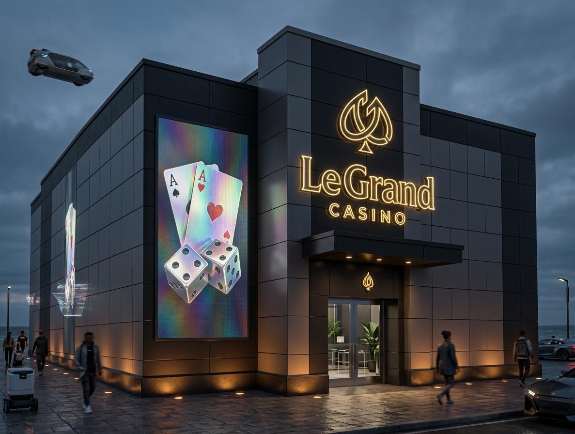 An incredibly lifelike, richly detailed, photorealistic wide-angle architectural photo of the ultra-modern Le Grand Casino facade set in a gritty, high-tech urban plaza along a moody coastline during twilight. The scene is illuminated by glowing gold neon signage, warm amber ground uplighting, and the brilliant luminescence of an integrated digital wall banner, creating a sleek, dark neon noir atmosphere. Captured with a professional 24mm tilt-shift lens, emphasizing the smooth, matte texture of the charcoal-gray cladding panels, the precise grid lines of the exterior, and the soft, warm reflections pool on the damp stone pavers. This futuristic, cybernetic-inspired design incorporates minimalist surfaces finished in rich shades of black and slate gray, offset by brilliant neon accents and a massive holographic wall art display showcasing shimmering cards and dice. Through the clear, metal-framed glass doors at the entrance, a sliver of the interior reveals a high-end cyberpunk decor scheme complete with sleek metal and glass furniture, lush green indoor plants, and a minimalist reception desk featuring a curated architectural photography book, blending rugged industrial strength with luxurious modern aesthetics.