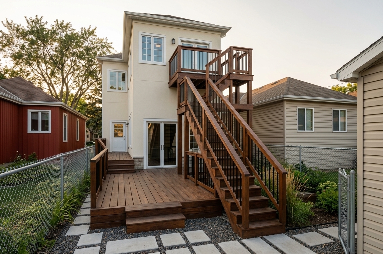 An incredibly lifelike, richly detailed, photorealistic low-angle architectural photo of a colonial classic house exterior set in a quiet suburban backyard. The scene is illuminated by the soft, warm light of a late afternoon sun, creating an inviting and serene atmosphere. Captured with a 24mm tilt-shift lens, emphasizing the rich wood textures, sleek metal elements, and the smooth stucco finishes, the rendering showcases a stunning multi-level outdoor living space. The main residence is clad in a beautiful light creme stucco with matching stucco mouldings seamlessly framing the windows, all beautifully contrasted by crisp white finishes on the doors, windows, soffits, gutters, and downspouts. The focal point of the backyard is the expansive, multi-tiered deck and grand staircase, stained in a deep, rich brown that highlights the natural grain of the wood. This wooden structure is framed by sturdy railings featuring slim, vertical black metal pickets that add a modern, refined touch to the colonial design. The property is flanked on the left by a neighboring structure with red-paneled siding and on the right by a beige-sided outbuilding, both bordered by a clean chain-link fence. In the foreground, a modern pathway of large, square, light-gray concrete pavers set in dark gravel leads gracefully to the first-tier steps, grounding the design in a clean, contemporary landscape.