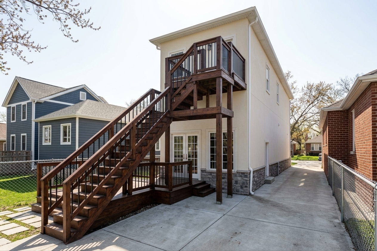 An incredibly lifelike, richly detailed, photorealistic low-angle wide shot of a classic colonial-style house exterior set in a quiet residential neighborhood. The scene is illuminated by the bright, clear light of a midday sun, creating a welcoming and crisp atmosphere. Captured with a professional 24mm tilt-shift lens, emphasizing the rich, organic texture of the prominent wood deck and the clean, polished finishes of the facade. The dark, rich brown stained wood of the expansive multi-level deck and stairs takes center stage, its deep tones contrasted elegantly by the slender, minimalist matte black metal pickets of the railings. Rising above a textured gray stone veneer base, the home's upper story is clad in a smooth, light creme stucco, accented by matching stucco mouldings that trim the windows. Adding sharp, clean definition to the structure, all of the doors, window frames, soffits, gutters, and downspouts are finished in a brilliant, crisp white. The realistic rendering places the home alongside a smooth concrete side pathway, flanked by neighbors' classic red brick and clapboards siding houses, framed by a tidy chain-link fence and healthy patches of green lawn, with soft, realistic shadows adding immense depth to the composition.