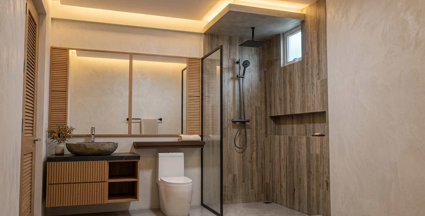 An incredibly lifelike, richly detailed, photorealistic wide-angle interior photograph of a compact, modern, spa-inspired bathroom set in a luxurious coastal vacation house. The scene is illuminated by warm, indirect lighting overflowing from hidden recessed ceiling coves, creating a serene, peaceful, and warm atmosphere reminiscent of a relaxing seaside sunset. Captured with a professional 24mm tilt-shift lens, emphasizing the rich, highly defined textures of the raw off-white plaster walls, the weathered driftwood-toned vertical wall tiles in the shower, and the finely crafted light-oak slatted vanity. On the left, a floating wooden vanity with fine tambour-style slats supports a dark basalt countertop and a rough-hewn stone vessel sink with a polished chrome faucet, sitting beneath a large split mirror accented on either side by matching wooden louvers. Next to the vanity rests a modern, sleek white toilet under a matching dark wood floating ledge. To the right, a minimal black-framed glass partition separates the toilet from a curbless walk-in shower, where a matte black rain shower head hangs from the concrete-finish ceiling soffit, and a small transom window subtly filters in the soft coastal breeze from outside.