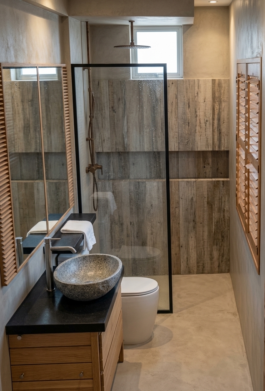 An incredibly lifelike, richly detailed, photorealistic interior vertical shot of a modern, compact bathroom set in a coastal vacation home. The scene is illuminated by soft, indirect warm lighting and ambient daylight filtering through a high clerestory window, creating a serene, natural coastal breeze atmosphere. Captured with a professional 35mm architectural lens, emphasizing a harmonious blend of organic and rustic textures, the space showcases a compact yet highly luxurious layout. To the left, a custom vanity features a thick, matte black stone countertop that supports a round, textured grey granite vessel sink designed to resemble a smooth sea stone, accompanied by a sleek, minimalist chrome faucet. Beneath the vanity, light oak wood slats form a warm, beach-inspired cabinet. The walls and floor are finished in a seamless, sandy-grey microcement that enhances the minimalist, natural feel. Elegant, warm-toned wooden plantation shutters flank the sides, suggesting a gentle ocean breeze passing through. Separated by a thin, black-framed glass partition, the shower enclosure is defined by an accent wall clad in vertical, weathered-wood tiles in shades of driftwood grey and sun-bleached brown, complemented by a rustic bronze rain showerhead hanging from the ceiling, establishing a sophisticated seaside retreat.