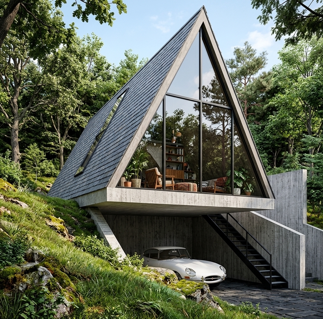 An incredibly lifelike, richly detailed, photorealistic low-angle architectural photo of a modern, cantilevered A-frame cabin set in a lush, verdant hillside forest. The scene is illuminated by bright, crisp daylight filtering through the dense canopy, creating a serene, adventurous, and worldly atmosphere. Captured with a high-end tilt-shift lens, emphasizing the rough-hewn texture of the raw concrete foundation, the scale-like pattern of the dark charcoal roof shingles, and the highly reflective glass facade.

The residence, designed in the spirit of a "traveler's trove," perches boldly on an elevated concrete platform. The dramatic A-frame structure features a steep roof clad in textured, charcoal-gray slates, interrupted only by unique triangular skylights cut into the side slope. The entire front gable is a soaring wall of glass, framed in sleek black steel, detailing a richly layered and cultured interior. Through the glass, a curated sanctuary is revealed: a mix of mid-century vintage and modern wooden furniture, cozy seating adorned with global patterns and vibrant, travel-themed accents, and a scattering of leafy indoor plants that thrive in the abundant light.

Underneath the cantilevered main volume, a sheltered concrete carport houses a classic, pristine white sports car parked on a bed of dark stone pavers. A minimalist, open-riser black steel staircase runs parallel to a warm, textured concrete retaining wall, leading gracefully to the home's upper entrance. The surrounding landscape features a steep, grassy bank in the left foreground with mossy stone textures, while lush, mature trees—some showing hints of Golden Hour warmth—frame the composition, grounding this eclectic, artistic retreat firmly in its natural environment.