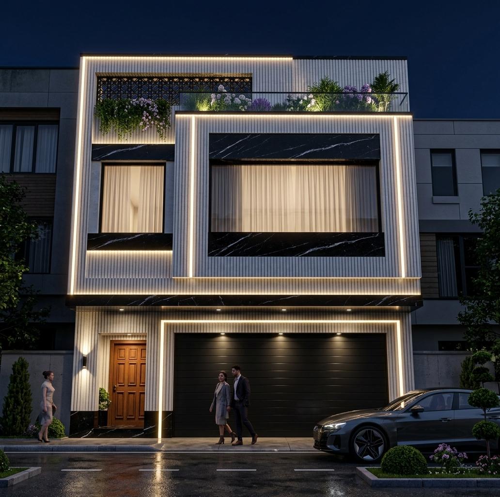 An incredibly lifelike, richly detailed, photorealistic wide-angle exterior architectural photo of a luxurious cyber eclectic fusion two-story house set in an upscale urban neighborhood during a fresh spring night. The scene is illuminated by a complex array of dramatic integrated warm LED linear lights framing both sides of the facade, glowing up-and-down wall sconces, and soft ambient interior light diffusing through elegant sheer curtains behind the expansive windows, creating a welcoming and sophisticated atmosphere. Captured with a professional 35mm f/1.4 tilt-shift lens, emphasizing the stark textures of premium ribbed white brick cladding and highly polished black granite with bold white veins that accents the architectural bands and the glistening front entryway floor. On the upper left terrace, lush green spring plants and delicately blooming flowers cascade behind a modern glass railing, highlighted by subtle accent planting lights. A warm, structured timber-finished front door on the left stands adjacent to the wide, minimalist garage door which is illuminated by sleek overhead map lights. In the foreground, stylishly dressed pedestrians stroll on the wet, reflective asphalt street where a futuristic electric car is parked near small, meticulously manicured street-side garden plots, bringing a sense of vibrant life to this masterfully designed modern sanctuary.