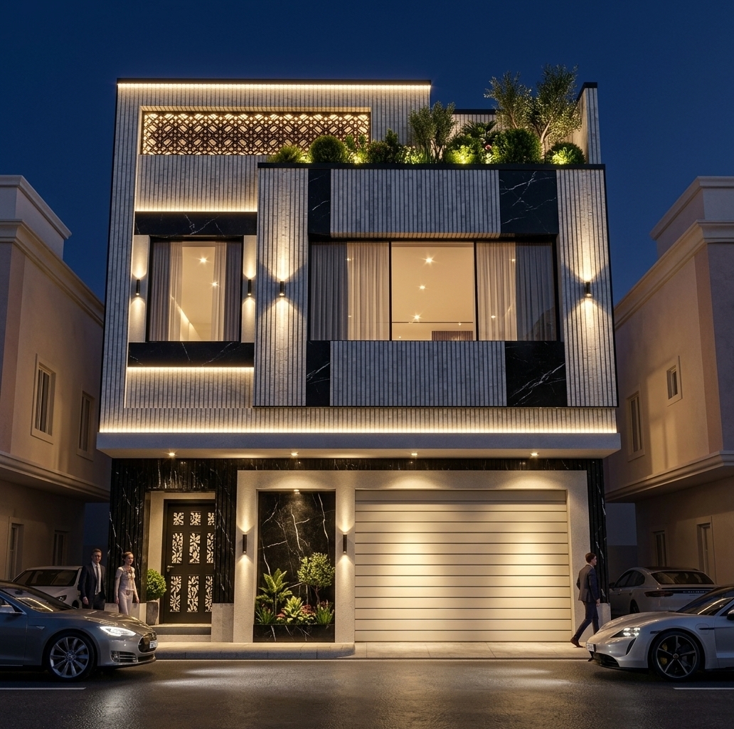 An incredibly lifelike, richly detailed, photorealistic low-angle wide shot of a luxury modern townhouse facade set in an intimate urban residential alleyway during a cool spring night. The scene is illuminated by a warm, sophisticated glow from integrated linear LED facade lights, two-way wall sconces, and vibrant interior lighting, creating a bright, cyber-eclectic, and luxurious atmosphere. Captured with a professional 24mm tilt-shift lens, emphasizing the rich textures of the white and gray fluted bricks, the polished black granite with dramatic white veins, and the sharp black metal edge profiles. The facade stands out brightly, flanked on both sides by neighboring residential buildings in soft, light-colored finishes. On the upper floors, massive glass windows reveal elegant, semi-sheer curtains and warm interior spotlights glowing from within, while the open roof-deck terrace on the top right is transformed into a lush green oasis overflowing with manicured shrubs and plants illuminated by integrated landscaping up-lights. On the lower floor, the cantilevered ceiling features recessed spot lights casting a warm pool of light over a cream-colored horizontal slatted garage door and a custom-designed dark metal entry door on the left, featuring an intricate, CNC-cut flower and leaf pattern. Tucked inside the left vestibule next to the door is a small, thriving garden plot set against a stark black-veined granite feature wall, accentuated by vertical two-way linear sconce lighting. In the foreground of this lively scene, the smooth asphalt road reflects the brilliant facade lights, populated by sleek modern cars and strolling pedestrians that complete this high-end, realistic urban visualization.