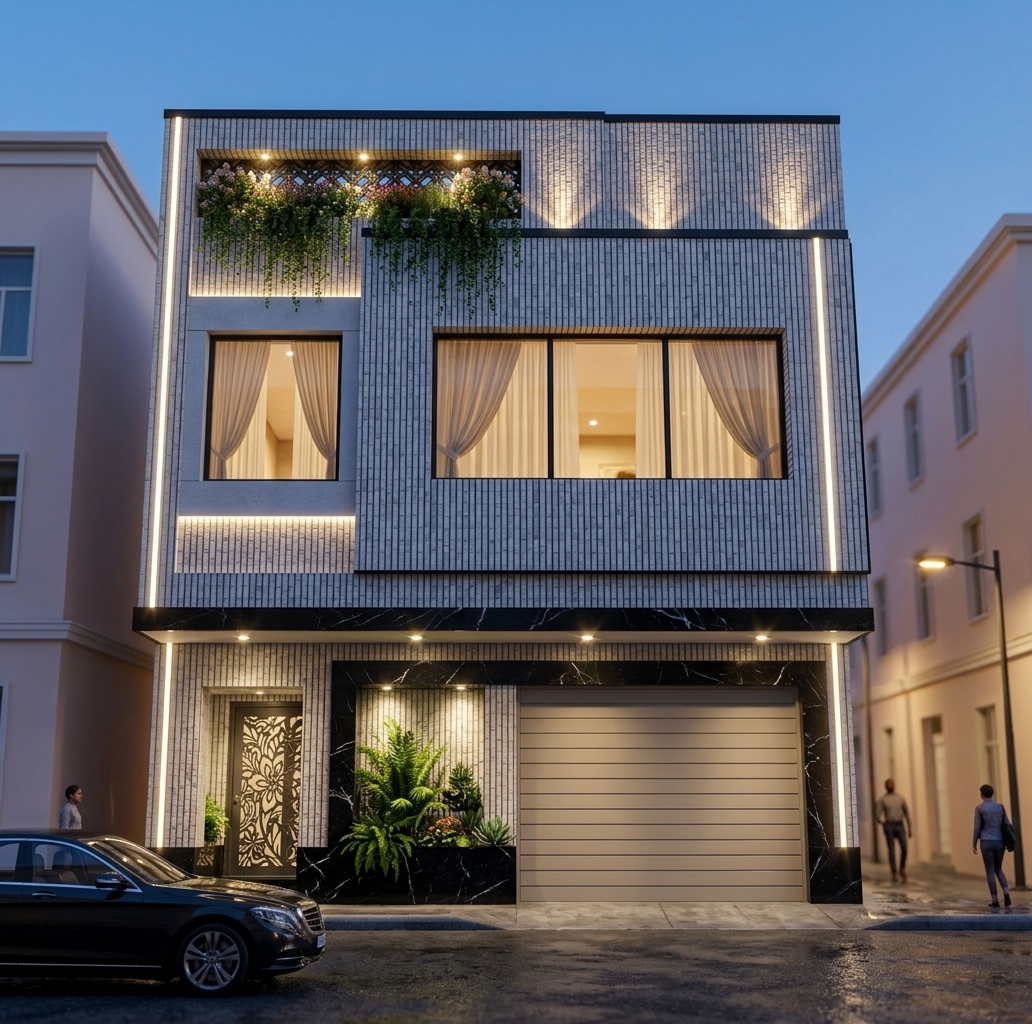 An incredibly lifelike, richly detailed, photorealistic eye-level architectural shot of a luxurious modern residence set in a clean, upscale urban alley during the blue hour of twilight. The scene is illuminated by a sophisticated array of warm interior glows, bright spot lights on the cantilevered pilot ceiling, and dramatic two-way vertical linear LED strips running up the left and right edges of the facade, creating a glamorous and high-tech atmosphere. Captured with a 24mm tilt-shift lens, emphasizing the crisp vertical textures of the white and gray brick-cladded facade, the deep luster of polished black granite with vivid white veining, and the sharp black metal edge borders. On the ground level, a large beige sectional garage door sits next to a recessed vestibule where a high-end CNC-cut metal door featuring an intricate flower and leaf design is nestled among a curated small garden of lush green plants, all highlighted by downward-pointing spotlights. The upper storeys showcase a sprawling master window and a secondary window, both softened by elegant sheer cream curtains that reveal warm, inviting interior lighting from within. Lush ornamental flowers and cascading ivy spill over the integrated planter boxes on the upper level terraces, illuminated by delicate hidden accent lights that cast soft glows against the textured brickwork. This cyber eclectic fusion home is flanked on both sides by soft, light-colored neighboring buildings that recede gracefully into the background, while the foreground showcases realistic damp asphalt, a parked luxury sedan, and distant figures of pedestrians walking down the atmospheric street.